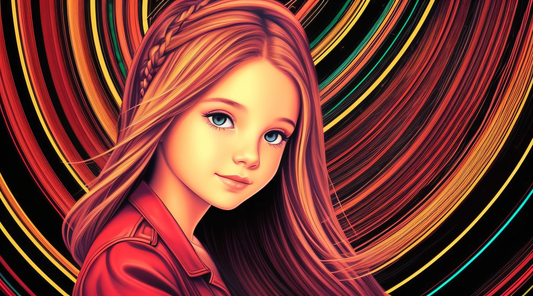 Girl child 10 years old, Russian blonde in braids, com roupa de jaqueta de couro vermelha, Estilo retrato, fundo preto e vermelho, uma bola de disco prateada com um reflexo de espelho sobre ela, bola de discoteca, bola de discoteca no fundo, prata brilhante.