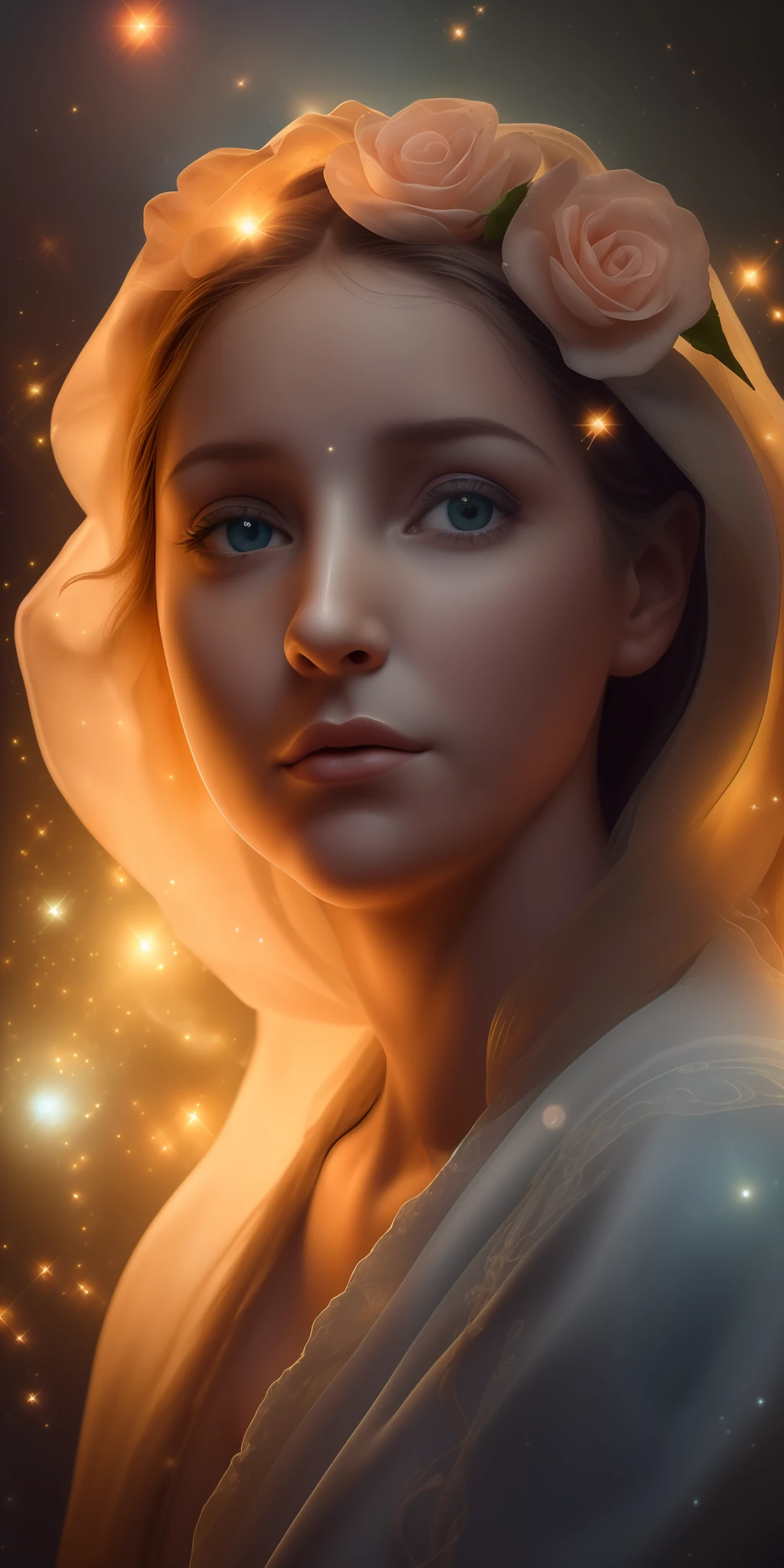 (((Blessed Virgin Mary))) Obra maestra, (La mejor calidad: 1.2), (super fine: 1.2), illustration, (extremadamente delicado y hermoso: 1.2), movie angle, flotante, (Hermoso ojo de detalle: 1.1), (detalle luz: 1.1), Movie Lights, Cielo delicado, ojos azules, (Cola de caballo alta: 1.1), capa, ojuelos, (luna: 1. 2), (Luz de la luna: 1.1), cielo estrellado, (light particles: 1.1) dibujo, flor. (Obra maestra), (La mejor calidad), (fotorrealista:1.3), 8k, Textura detallada de la piel, Textura detallada de la tela, Hermosa cara detallada, Detalles intrincados, Ultra detallado (cuerpo de cuerpo entero:1.2)