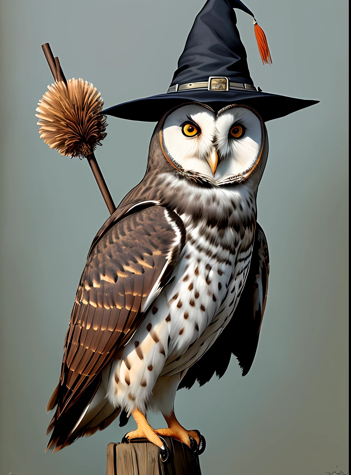 Arafed owl wearing a witch's hat and holding a broom, assistente coruja, the wisest of all owls, Barlowe Wayne, Arte de Harry Potter, Nite - Coruja, granny weatherwax, !!!esao andrews!!!, alien owl, coruja bonito, Jean - Baptiste Monge, coruja vestindo jaqueta preta de motociclista, capacete coruja, barn owl symbol in chest