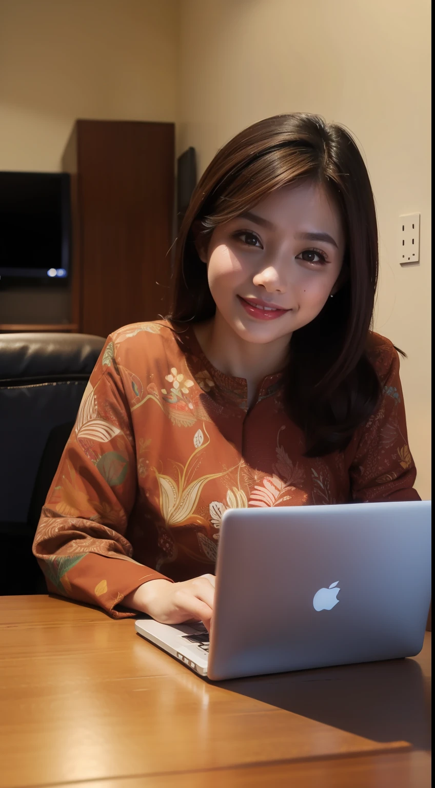 masterpiece, best quality, batik, brown hair, working with laptop, upper body