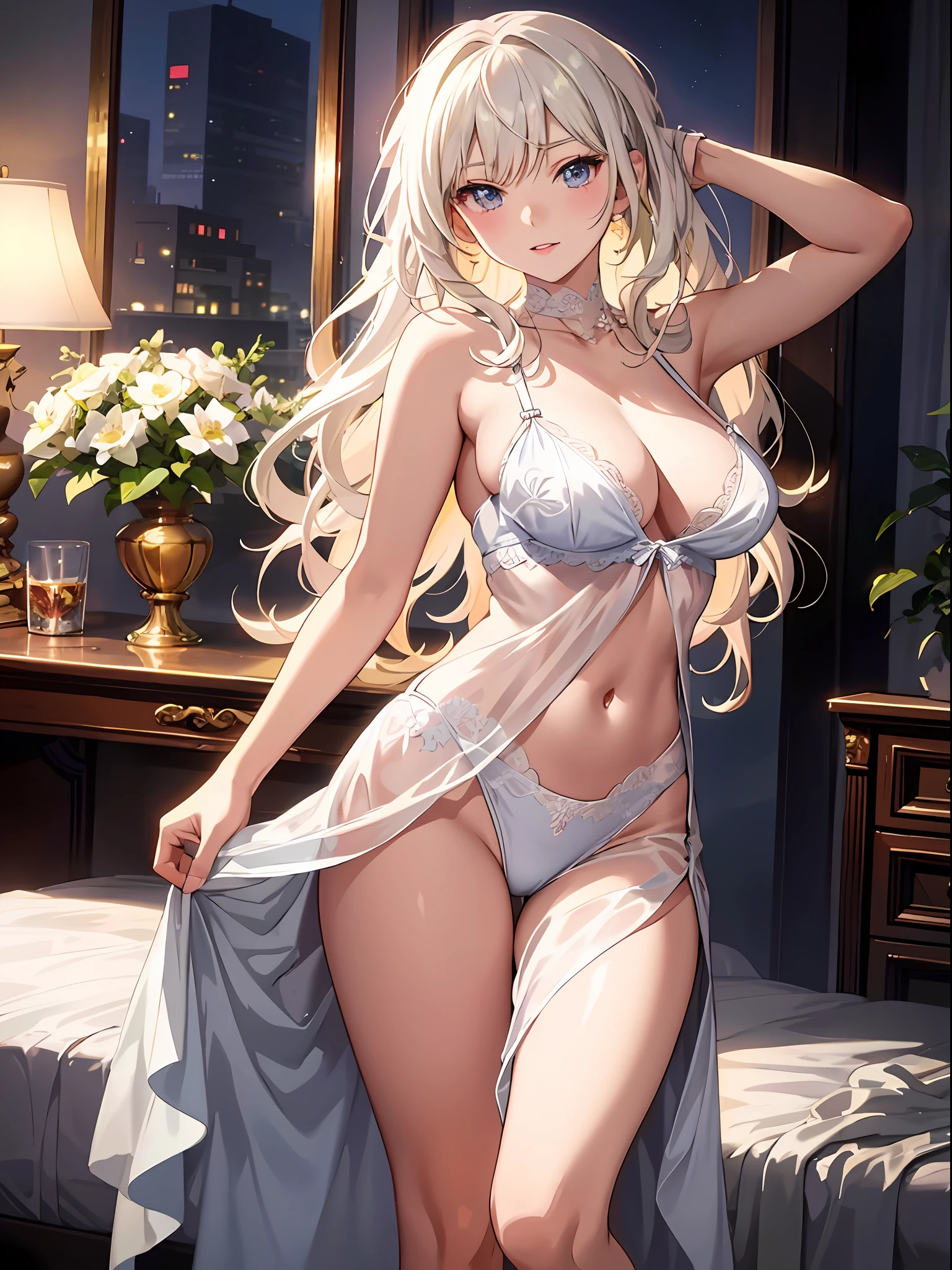 Anime girl in lingerie posing on bed in bedroom with city view, seductive anime girls, beautiful and seductive anime woman, in dress, Perfect white haired girl, blonde goddess, Anime goddess, beautiful alluring anime teenautiful anime woman, white-haired god, Extremely detailed Artgerm, Beautiful anime girl, Smooth anime CG art, gorgeous figure,huge tit,blush,