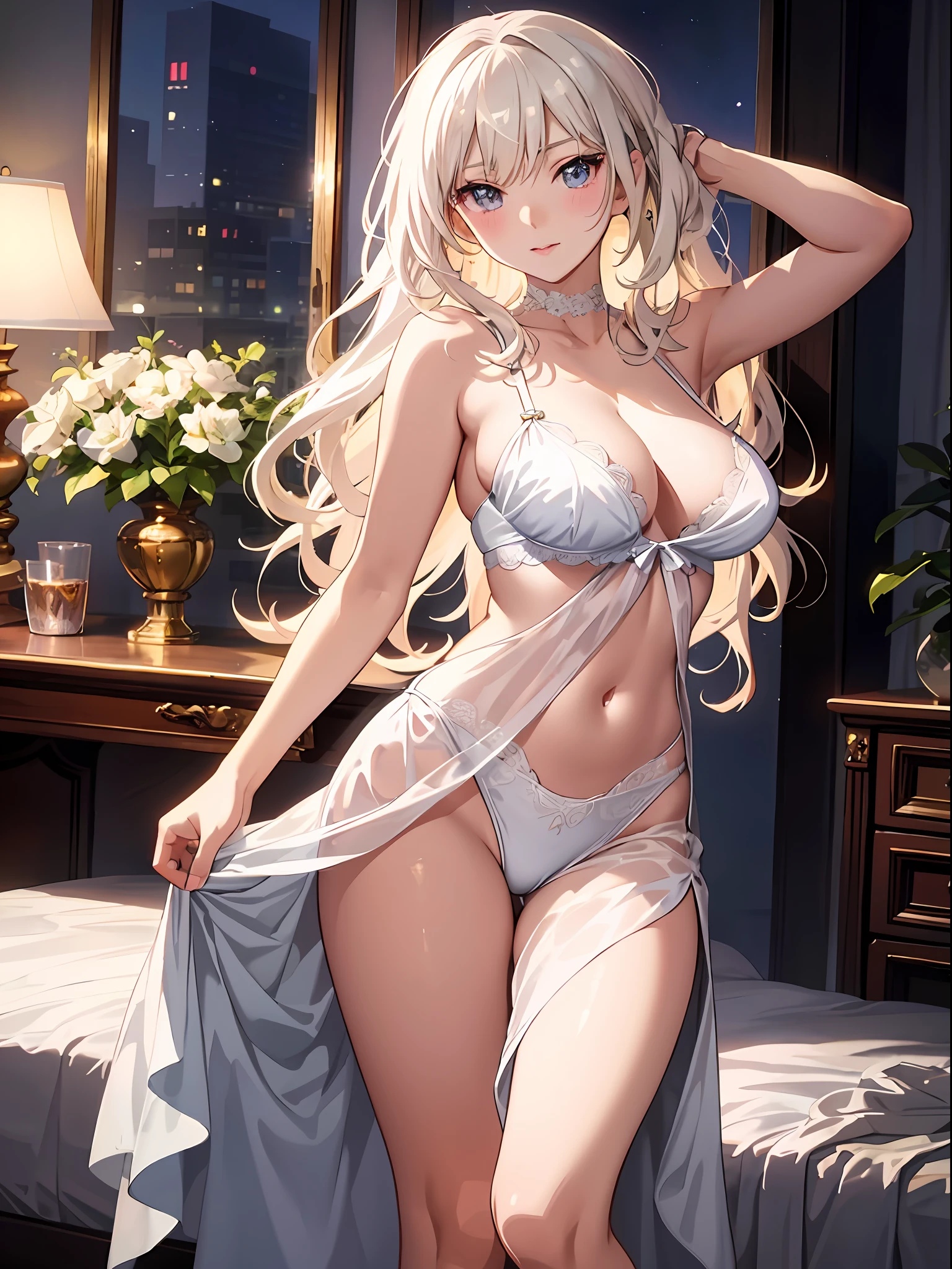 Anime girl in lingerie posing on bed in bedroom with city view, seductive anime girls, beautiful and seductive anime woman, loli in dress, Perfect white haired girl, blonde goddess, Anime goddess, beautiful alluring anime teen, Beautiful anime woman, white-haired god, Extremely detailed Artgerm, Beautiful anime girl, Smooth anime CG art, gorgeous figure，huge tit，blush，