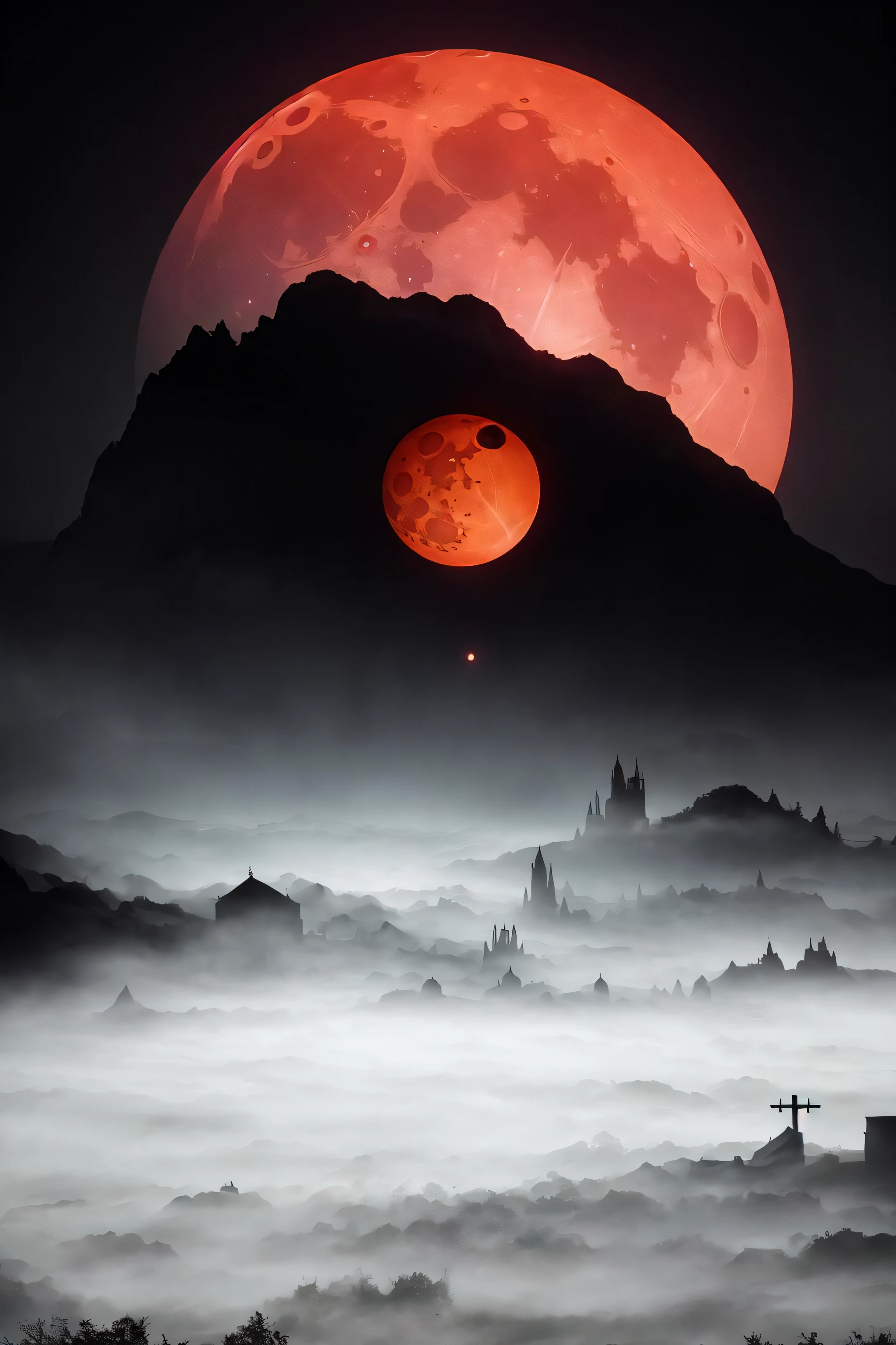 best quality, masterpiece, 
a monster, god, holy, fog, big red bleeding eye and blood moon as background,
elden ring,