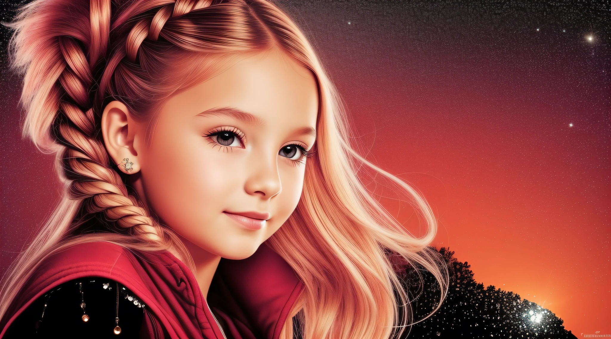 Girl child 10 years old, Russian blonde in braids, com roupa de jaqueta de couro vermelha, Estilo retrato, fundo preto e vermelho, uma bola de disco prateada com um reflexo de espelho sobre ela, bola de discoteca, bola de discoteca no fundo, prata brilhante.