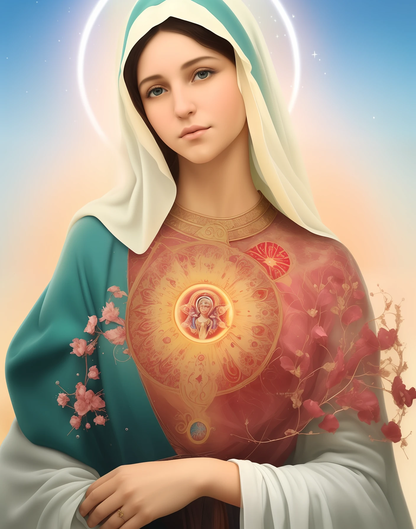 (((Blessed Virgin Mary))) Obra maestra, (La mejor calidad: 1.2), (super fine: 1.2), illustration, (extremadamente delicado y hermoso: 1.2), movie angle, flotante, (Hermoso ojo de detalle: 1.1), (detalle luz: 1.1), Movie Lights, Cielo delicado, ojos azules, (Cola de caballo alta: 1.1), capa, ojuelos, (luna: 1. 2), (Luz de la luna: 1.1), cielo estrellado, (light particles: 1.1) dibujo, flor. (Obra maestra), (La mejor calidad), (fotorrealista:1.3), 8k, Textura detallada de la piel, Textura detallada de la tela, Hermosa cara detallada, Detalles intrincados, Ultra detallado (cuerpo de cuerpo entero:1.2)