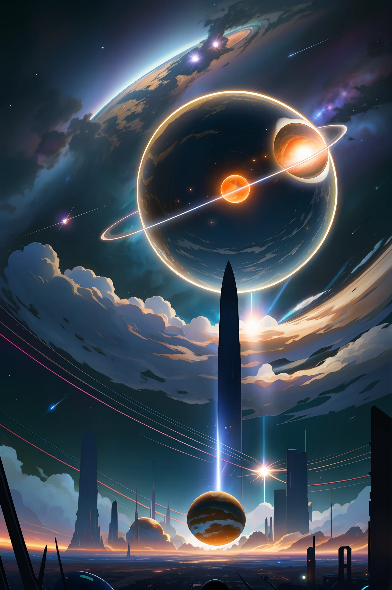 There's a space station with a planet in the middle of it, apocalyptic spherical explosion, Planeta explodindo no fundo, planetas colidindo, Dois planetas colidindo, nave espacial explodindo, Reflexo da lente. Fotorrealismo oculto, dyson sphere in space, ominous space battle background, Foto de uma esfera de Dyson, explosion background, Interstellar space configuration, lente pesada flare