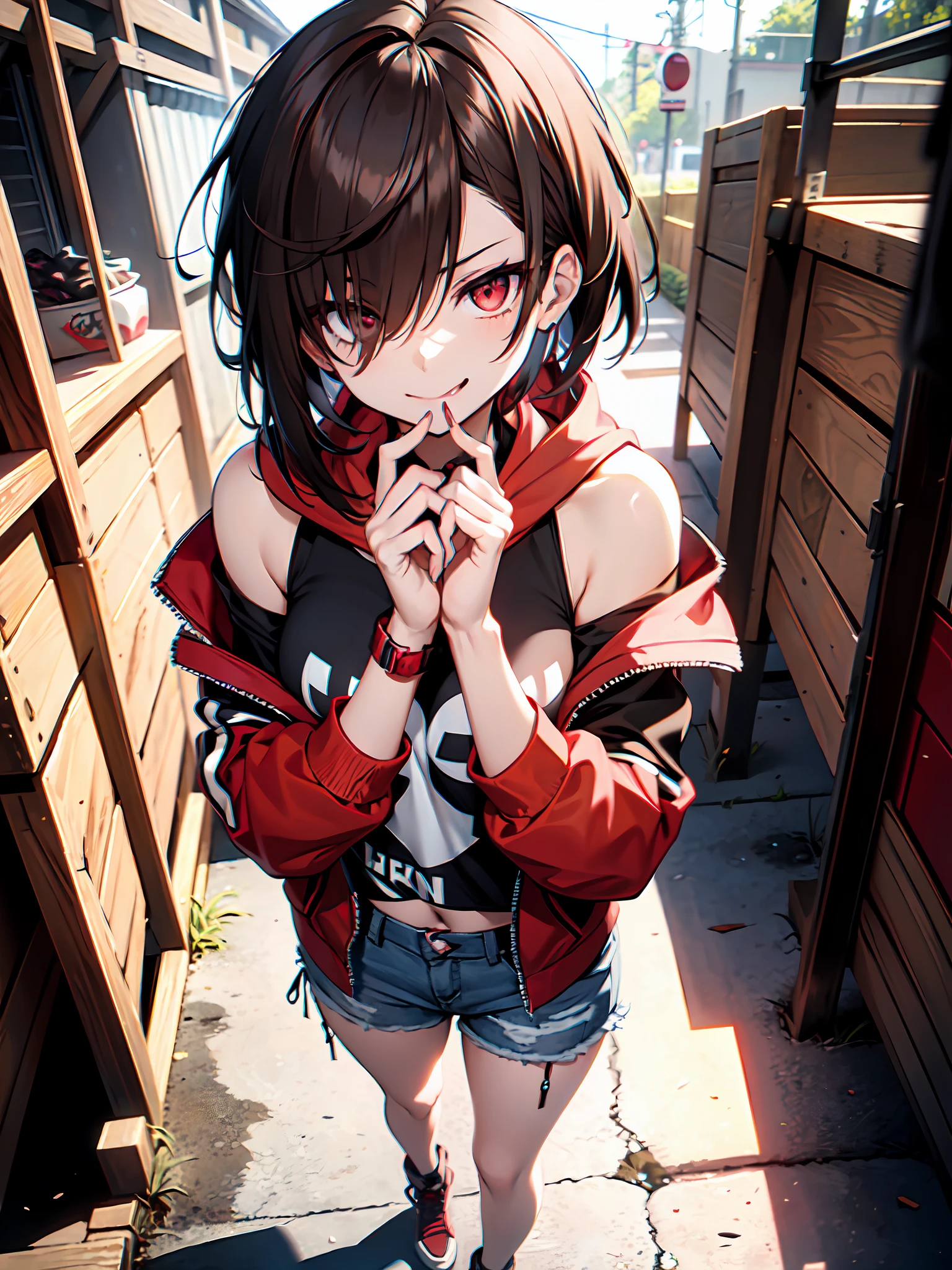 anime, young girl, standing, detailed body, detailed face, thigh up, shown tongue, slimy tongue, pale skin, (shadow cast on eyes, darkened eyes, red eyes), (smirk, evilish smile, mischevious smile), (short hair, brown hair, fancy haircut), tatto of flame on right cheek, girl is wearing casual outfit, red hoodie with black stripes, white t-shirt with skull print, bare shoulders, beautiful legs, denim shorts, hands is hidden, solo,