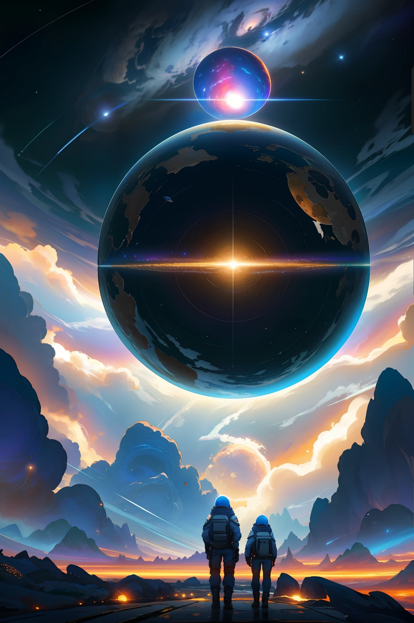 There's a space station with a planet in the middle of it, apocalyptic spherical explosion, Planeta explodindo no fundo, planetas colidindo, Dois planetas colidindo, nave espacial explodindo, Reflexo da lente. Fotorrealismo oculto, dyson sphere in space, ominous space battle background, Foto de uma esfera de Dyson, explosion background, Interstellar space configuration, lente pesada flare