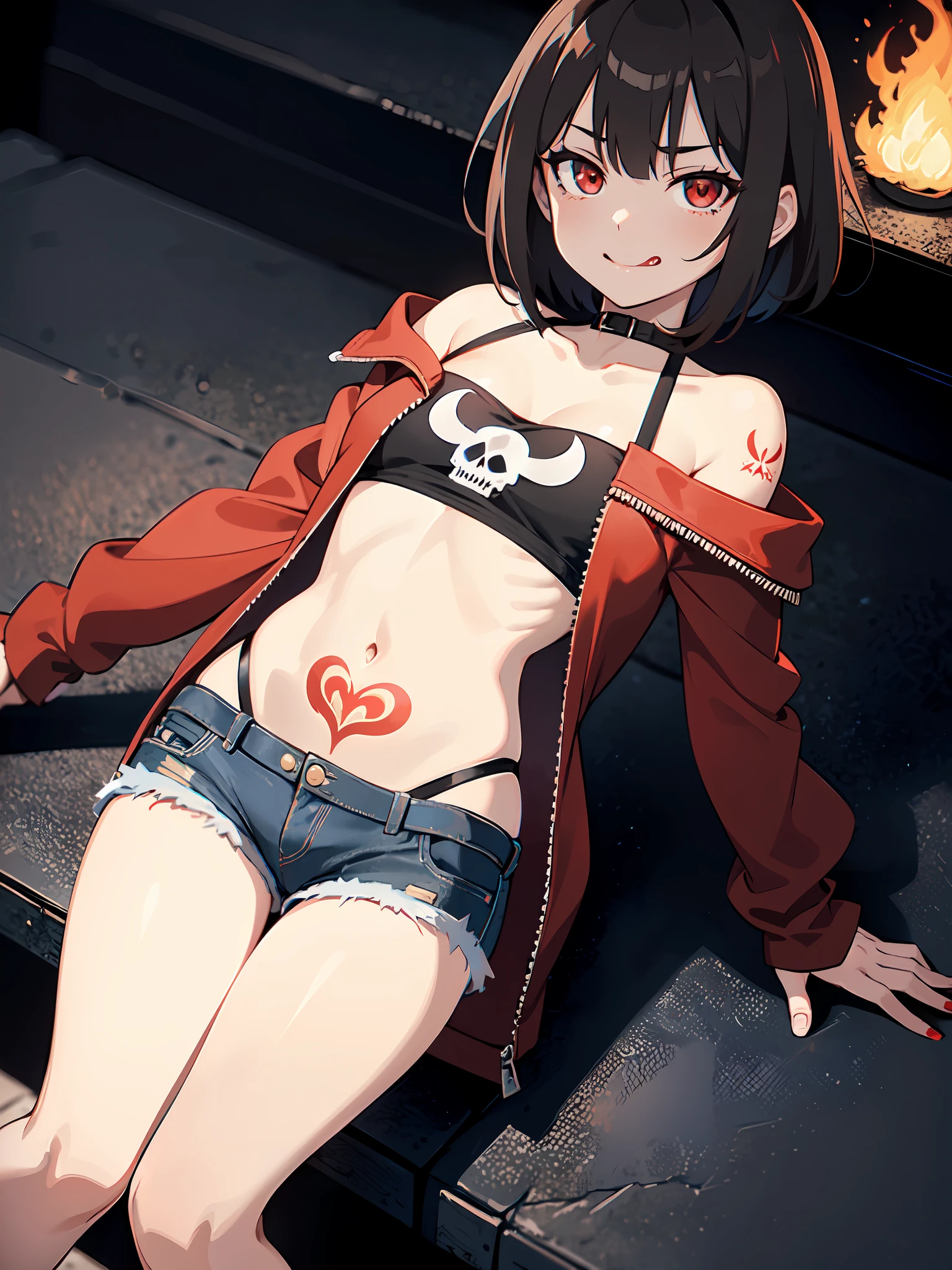 anime, young girl, standing, detailed body, detailed face, thigh up, shown tongue, slimy tongue, pale skin, (shadow cast on eyes, darkened eyes, red eyes), (smirk, evilish smile, mischevious smile), (short hair, brown hair, fancy haircut), tatto of flame on right cheek, girl is wearing casual outfit, red hoodie with black stripes, white t-shirt with skull print, bare shoulders, beautiful legs, denim shorts, hands is hidden, solo