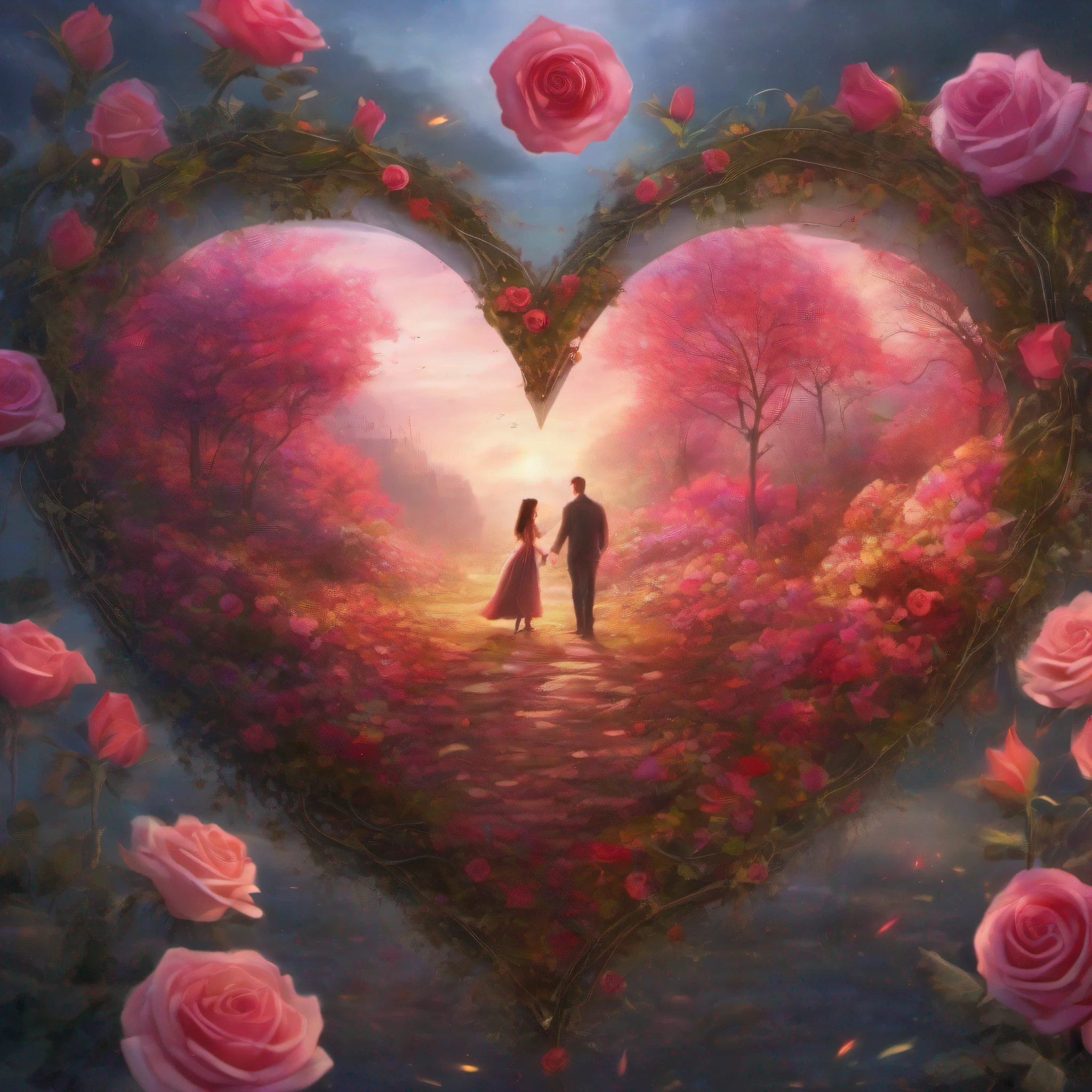 An image of a heart, apaixonado ,cercado por rosas, despertando o amor secreto, very romantic, cinematic picture, muitas luzes de fundo, obra prima dos melhores pintores, 16k.