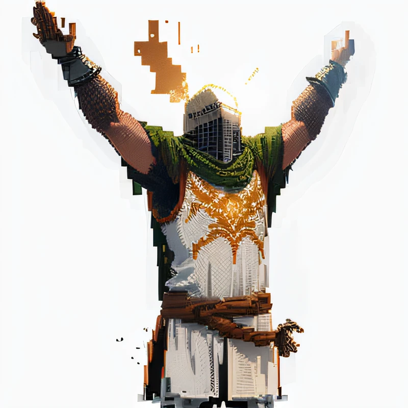 The iconic "Praise the Sun" meme from Dark Souls comes to life in pixel art form. The pixelated character of the "Chosen Undead" raises their arms toward the sky, mimicking the well-known gesture of reverence and gratitude. Surrounding the character is a pixel art depiction of the vibrant and atmospheric world of Dark Souls, capturing the essence of devotion and camaraderie shared among players through this beloved meme, Pixel Art, 8x8 resolution, --ar 1:1 --v 5