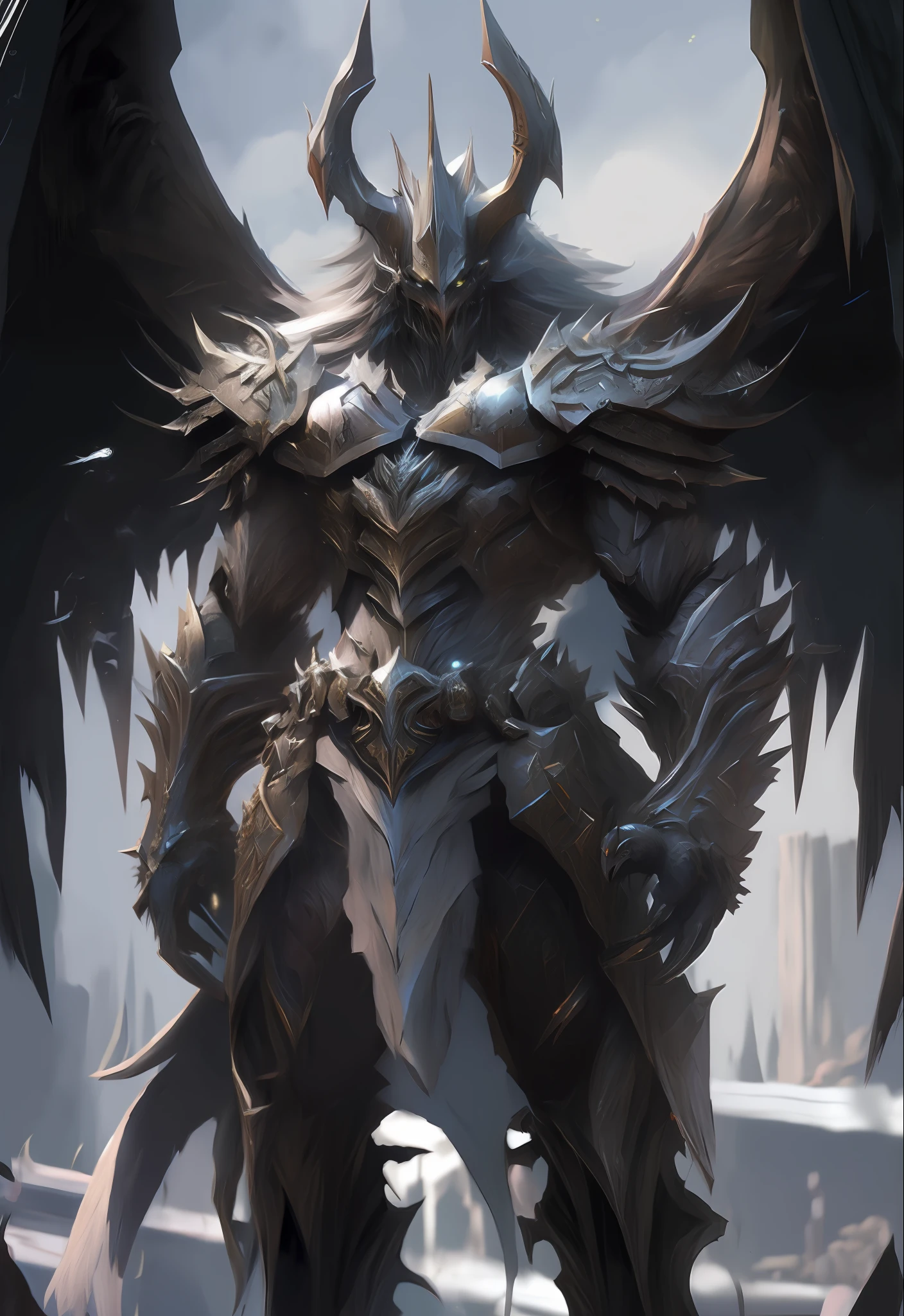 a close up of a demonic creature with wings and a sword, 4k fantasy art, by Yang J, detailed fantasy art, 8k fantasy art, symmetrical epic fantasy art, anthropomorphic raven knight, epic fantasy digital art style, darksiders style, highly detailed fantasy art, amazing 8k character concept art, 2. 5 d cgi anime fantasy artwork