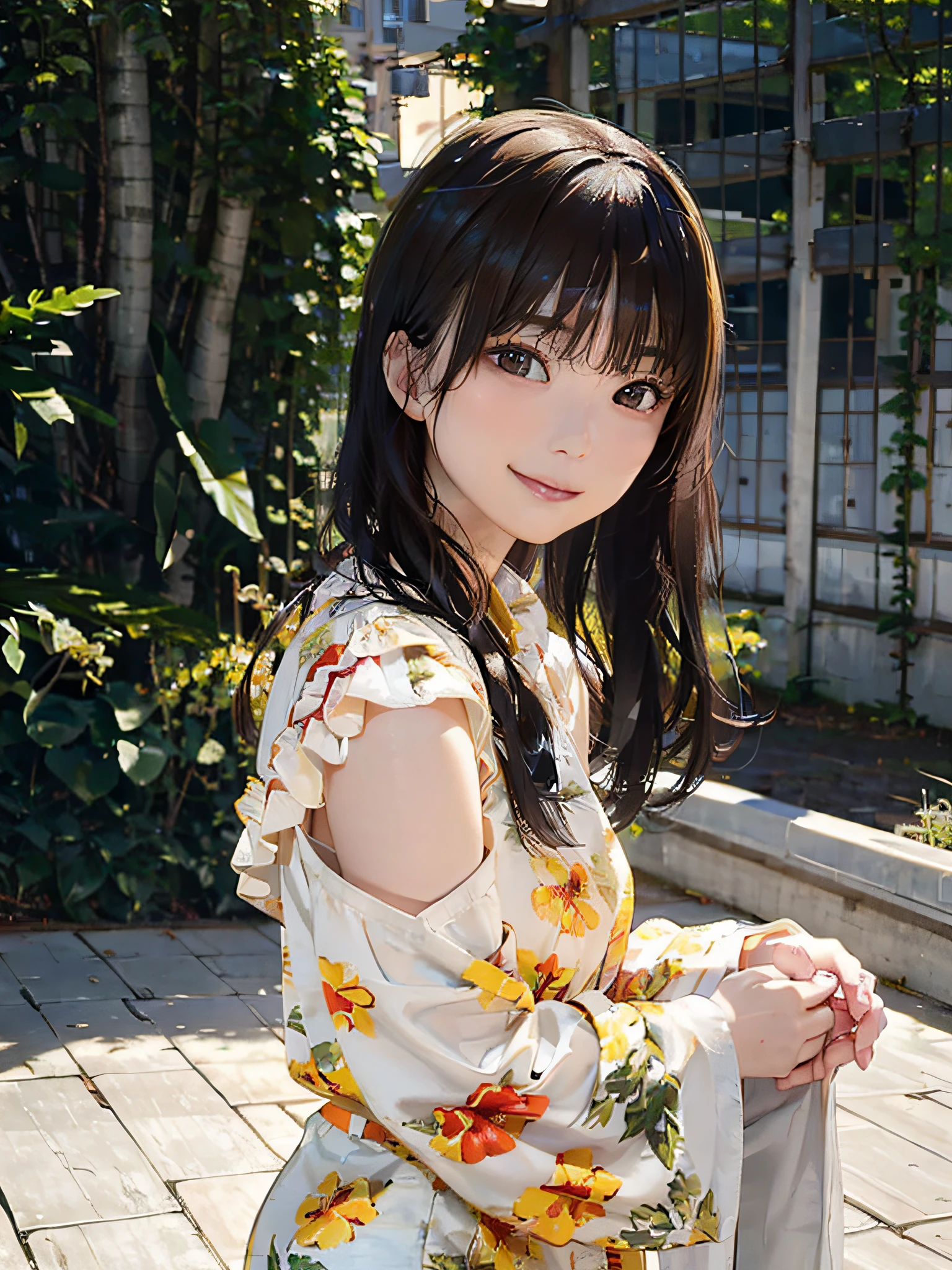 (Best Quality:1.2, 8K, Sharp Focus, master piece: 1.2, natural Light, extremely details CG, beautiful Girl:1.2, reality, Detailed face textures, Realistic skin, beautiful makeup, octane render, magnificent, Detailed bangs)), (depth of fields), Bokeh background, Smile, detailed brilliant brown and silver two-tone long hair, Cowboy Shot, (hibiscus print aloha shirt), wind, from side