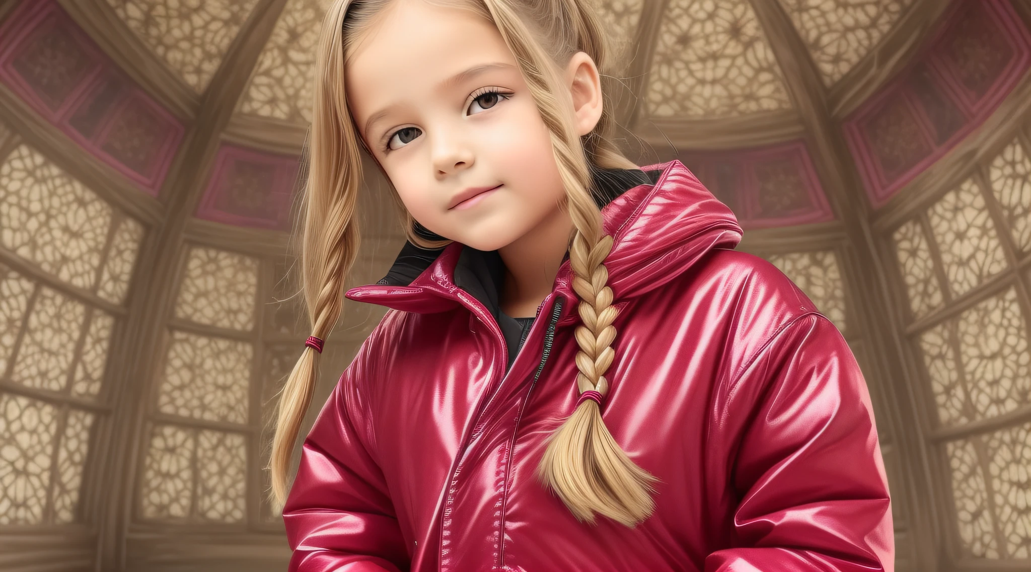 Girl child , Russian blonde in braids, com roupa de jaqueta de couro vermelha, Estilo retrato, fundo preto e vermelho, uma bola de disco prateada com um reflexo de espelho sobre ela, bola de discoteca, bola de discoteca no fundo, prata brilhante.