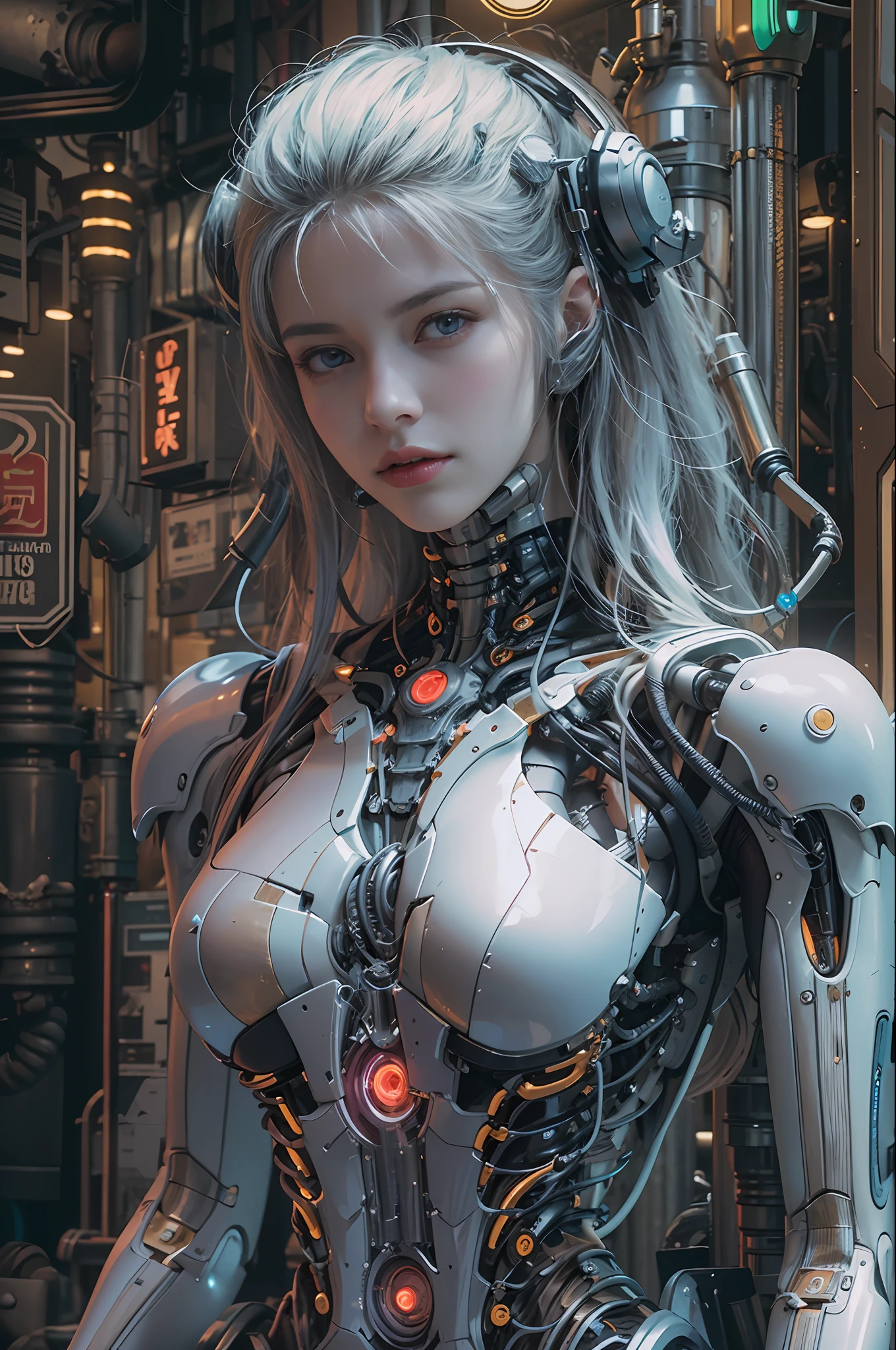 Top Quality, Masterpiece, Ultra High Resolution, ((Photorealistic: 1.4), Raw Photo, 1 cyberpunk android Girl, Glossy Skin, (Ultra Realistic Details)), mechanical limbs, tubes connected to the mechanical parts, mechanical vertebrae attached to the spine, mechanical cervical attachment to the neck, wires and cables connecting to the head, Evangelion, ((Ghost in the Shell)), small glowing LED lamps, global lighting, deep shadows, Octane Rendering, 8K, Ultra Sharp, Metal, Intricate Ornament Details, baroque details, Very intricate details, realistic light, CGSoation trend, facing the camera, neon details, (android manufactory in background), art by H.R. Giger and Alphonse Mucha.