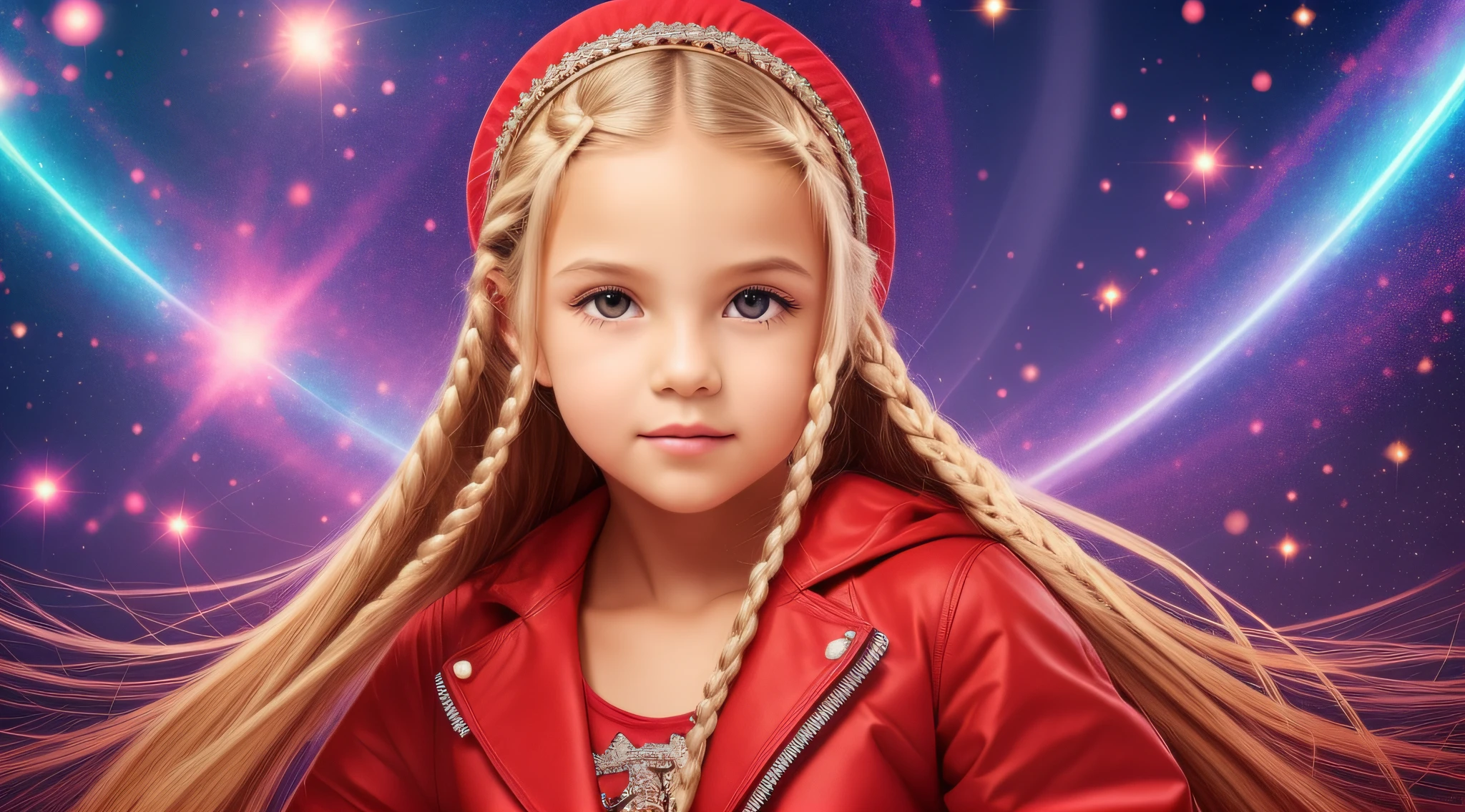 Girl child , Russian blonde in braids, com roupa de jaqueta de couro vermelha, Estilo retrato, fundo preto e vermelho, uma bola de disco prateada com um reflexo de espelho sobre ela, bola de discoteca, bola de discoteca no fundo, prata brilhante.