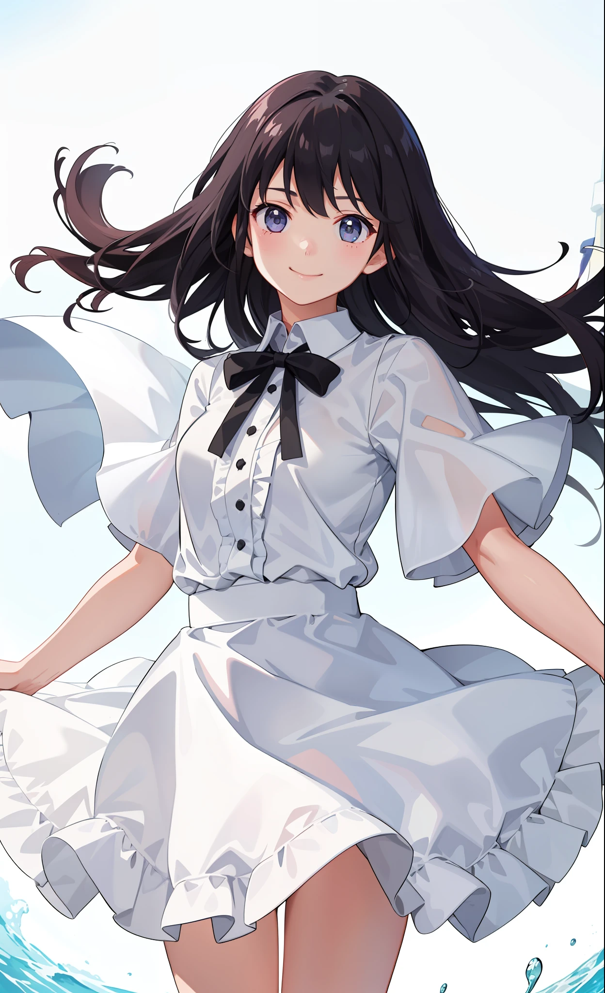 1girl in、A smile、The shirt、skirt by the、White fluffy dress、(small tits)、Chilarism、movement、the wind、Upper body portrait、