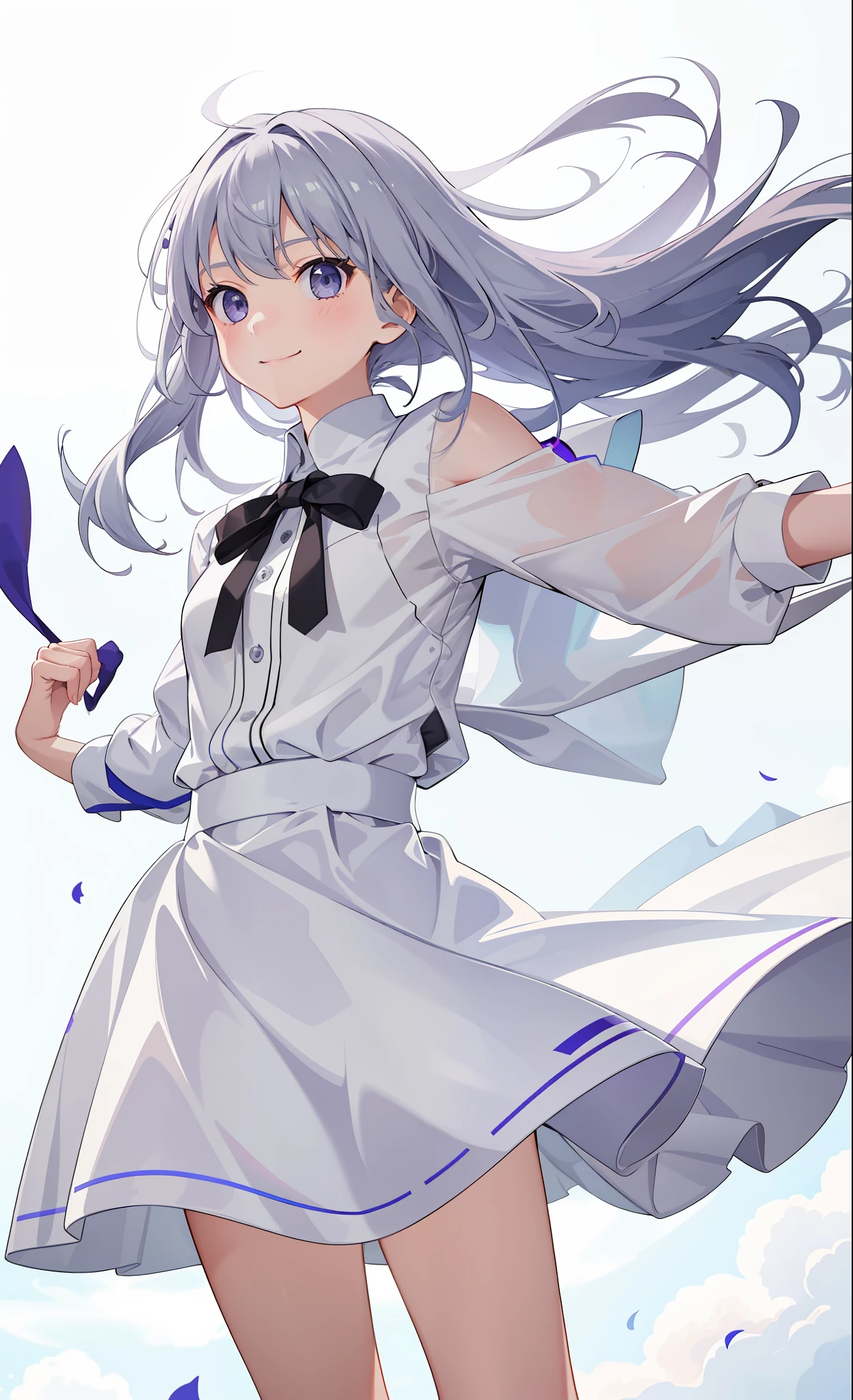 1girl in、A smile、The shirt、skirt by the、White fluffy dress、（small tits）、Chilarism、movement、the wind、Upper body portrait、