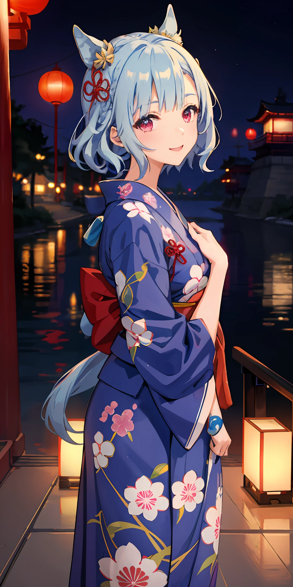 1人、Blue hair(long)、Red Eyes、Marl、Japanese dress((Yukata))portlate、side lights、wall-paper、NSFW、Background night、Beautiful night sky、A smile、Happiness