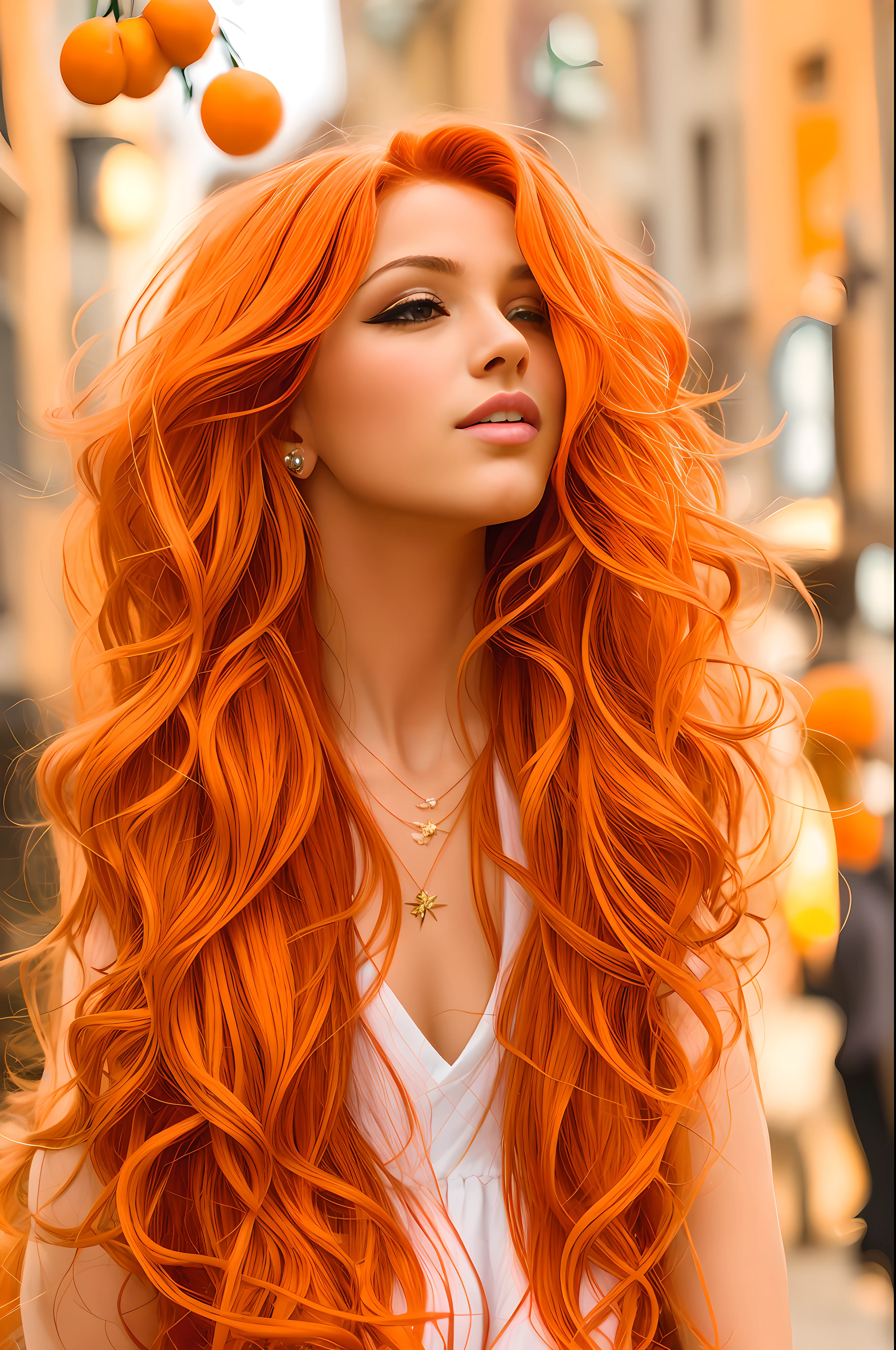 mulher arafed com cabelo vermelho e um top preto em uma cidade, pele laranja e cabelo ardente longo, cabelo laranja brilhante, cabelo laranja longo, gengibre cabelo ondulado, longos cabelos ondulados laranja, orange hair, orange flowing hair, cabelos cacheados cor de cobre, flowing ginger hair, cabelo laranja brilhante, longos cabelos ruivos brilhantes, longos cabelos vermelhos cachos, cabelos cacheados vermelhos