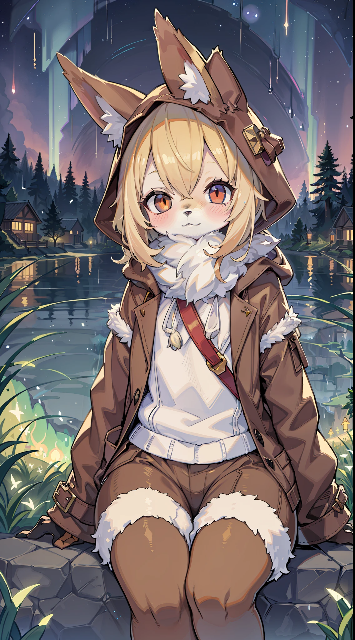 Shota the fox，hairy pubic，shaggy，Skin fur，Golden fur，Golden yellow face fur,Short straight blonde hair，Eyes have light，Red eyes，Brown elements on fur，Brown coat brown hood up，White top，brown shorts，Beautiful lights and shadows，Ambient light，Ultra-fine fur，volumettic light,natural  lightting，fox tails，Fluffy tail，No Man, Glowing tree，Lake, dark scenery, rain，Night，starrysky，Vast landscape，crossed bangs, Hairline, Shiny hair, lone nape hair, ，The smiley face has a faint blush, smiley，Sleepy，（Oversized Full Moon：1.2），（meteors：0.9），（Starcloud：1.3）（Warm light source：1.2），aurora，nevando，snowfield, Extra-long sleeves， Purple and orange，Complicated details，Volumetriclighting，Realist breakthrough（tmasterpiece：1.2）（best qualtiy），4K，Ultra-delicate，（Dynamic configuration：1.4），Highly detailed and colorful details，（Irridescent color ：1.2），（luminouslighting，Atmospheric lighting），dream magical，magic，独奏，Glowing light,Light blush, ，Single