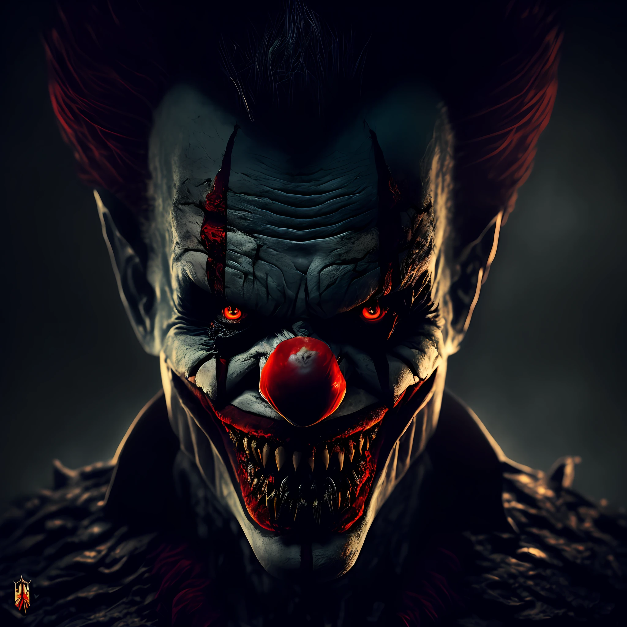 horror, creepy clown, sharp teeth, spooky, evil, blood, dark, moody, cinematic, portrait, half face