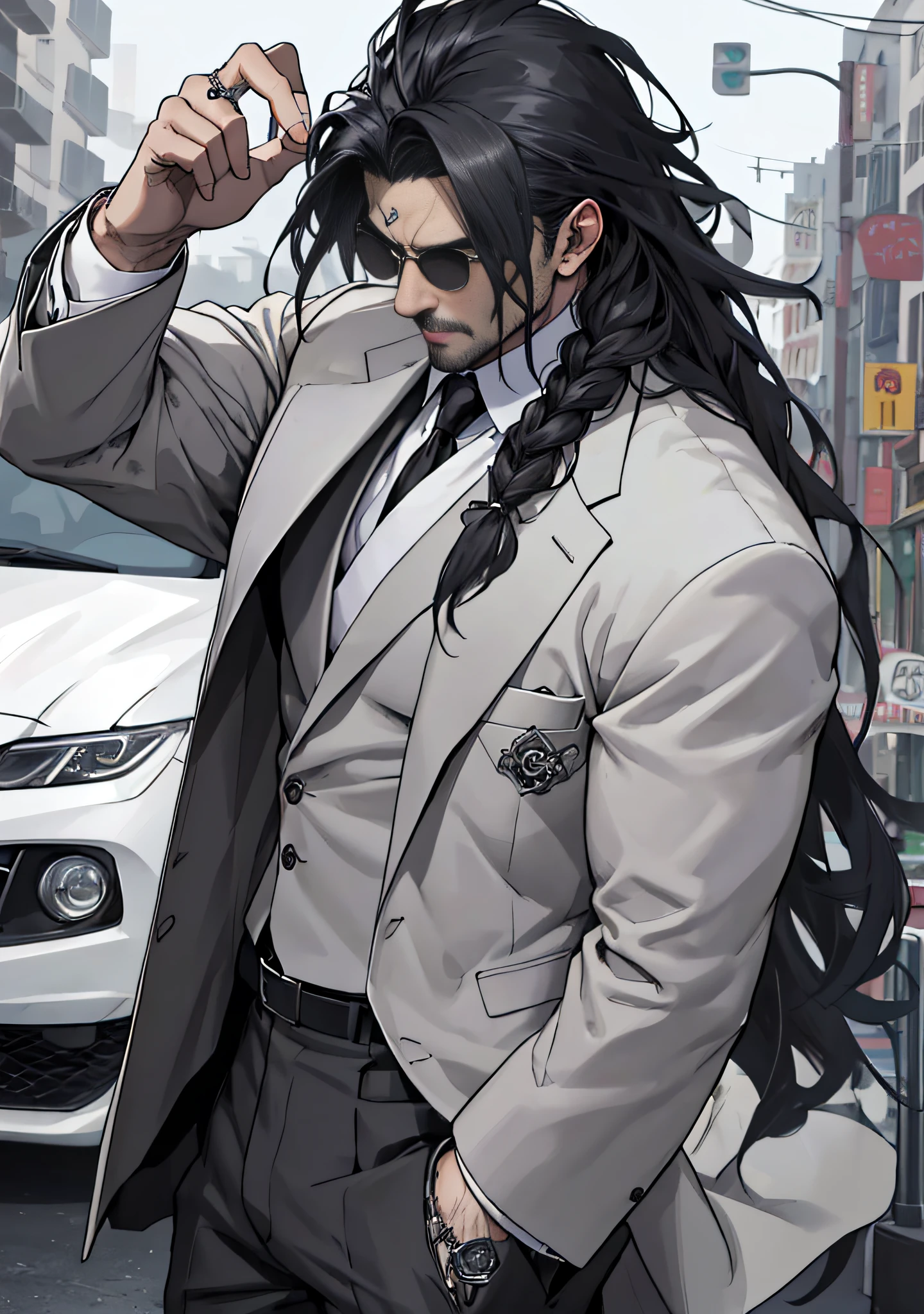 (masterpiece, best quality), 1boy, mature man, gangster, mafia, scary, rings on fingers, suit, in car, long hair