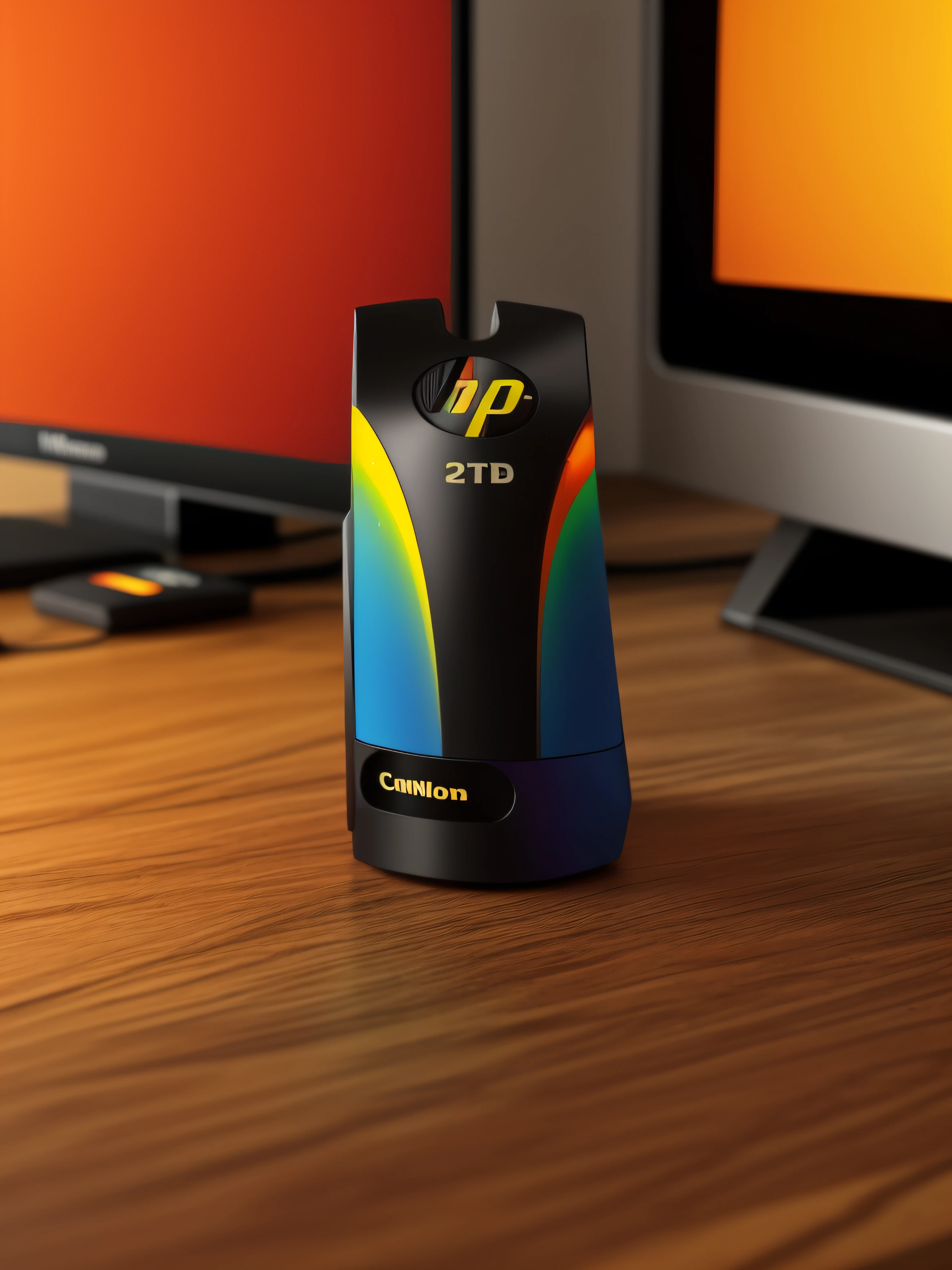 A USB stick rests on the smooth-textured wooden office desk in a computer room. The picture is clear (Sharp: 0.7) and displays a colorful explosion of psychedelic paints (cores: 1.21), With incredible detail. Na mesa, Accessories include the Nikon D850 with Kodak Portra 400 photo film and f1 lenses.6, garantindo cores ricas e textura realista. Lighting is dramatic, and all around are the computer, enquanto, teclado e cabo USB.