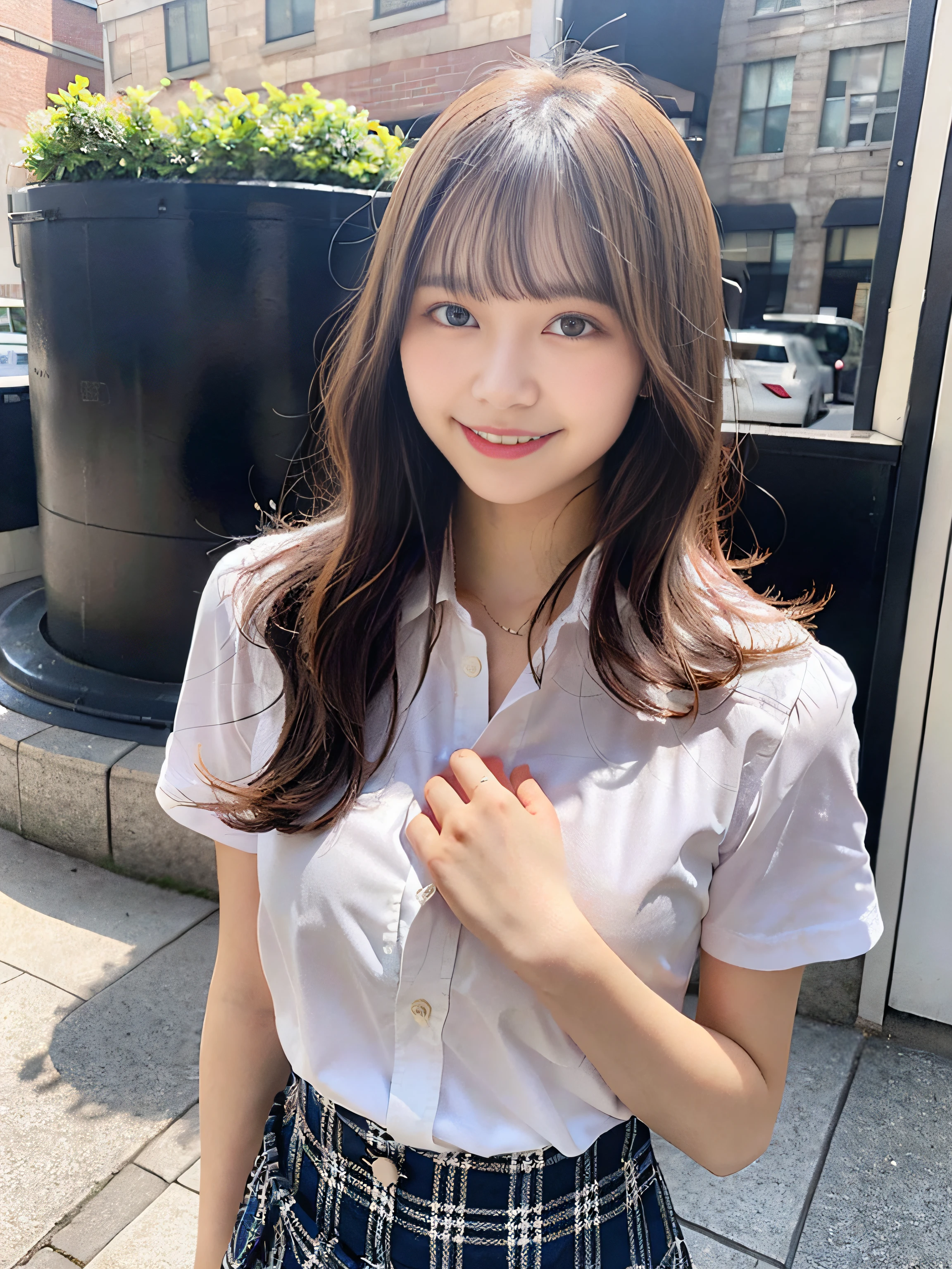 Cute high school teen wearing pink short sleeve oxford shirt, ((open chest)), navy blue plaid super miniskirt, self-turning skirt, blond hair, black ballet flats, Christian, modest and prim Full body photo proper, smiling, holding bible, school portrait