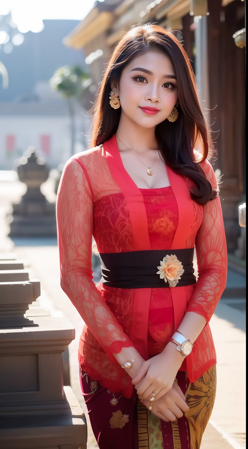 8k portrait of beautiful cyborg with brown hair, point with finger, ((beach temple background)), photography, portrait of gadis_jelita wearing kebaya_bali in red_kebaya_bali, red lipstick, detail, flowers, blurry background, soft focus, (masterpiece, sidelighting, finely detailed beautiful eyes: 1.2), hdr