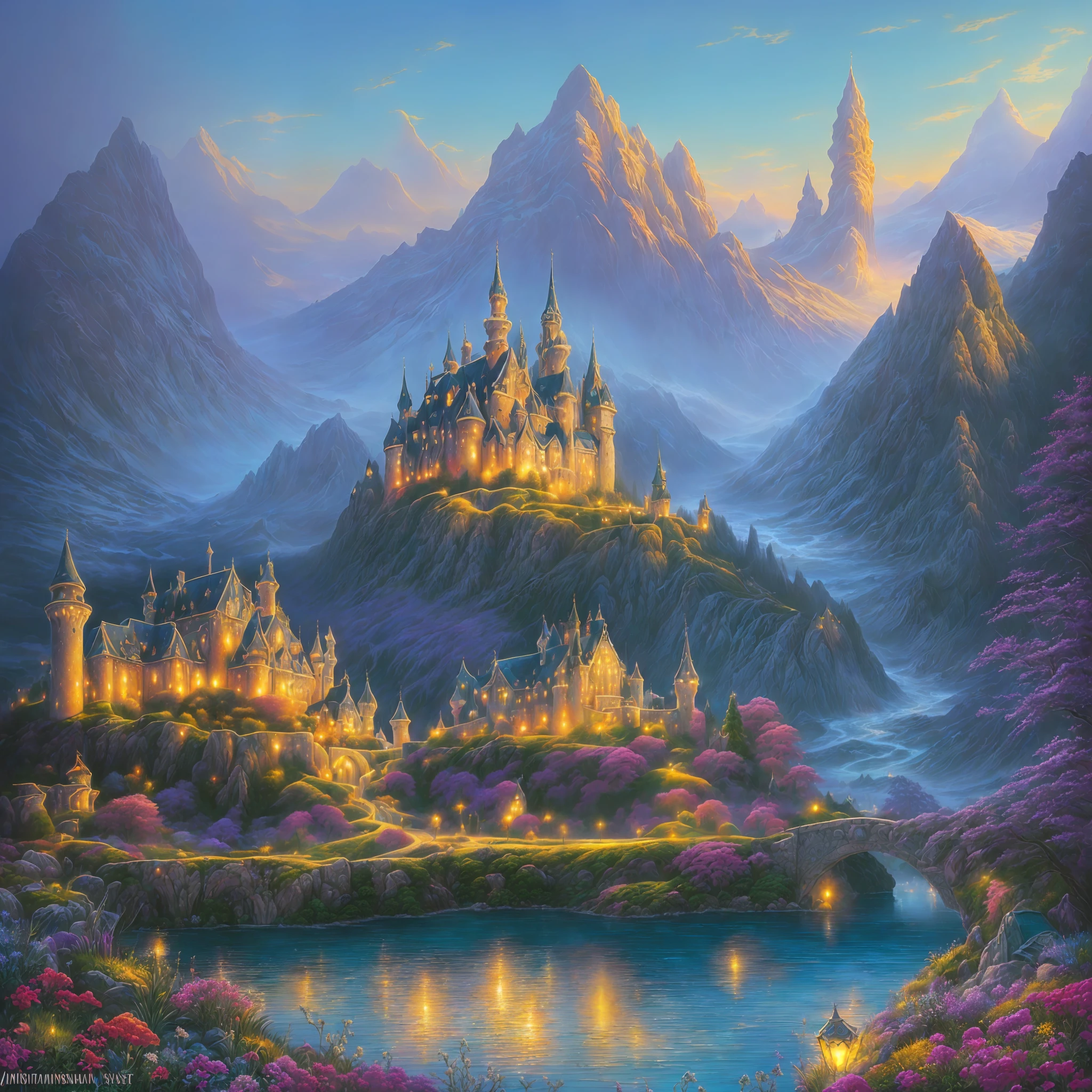 pintura de um castelo em uma paisagem de montanha com um lago, whimsical fantasy landscape art, magical landscape, pintura de paisagem de fantasia, scenery art detailed, scenery artwork, paisagem de arte de fantasia, dream scenery art, fantasy scenic, tomas kinkade, Kilian Eng e Thomas Kinkade, detailed scenery—width 672, paisagem de fantasia, Detailed dreamscape, fantasy painterly style