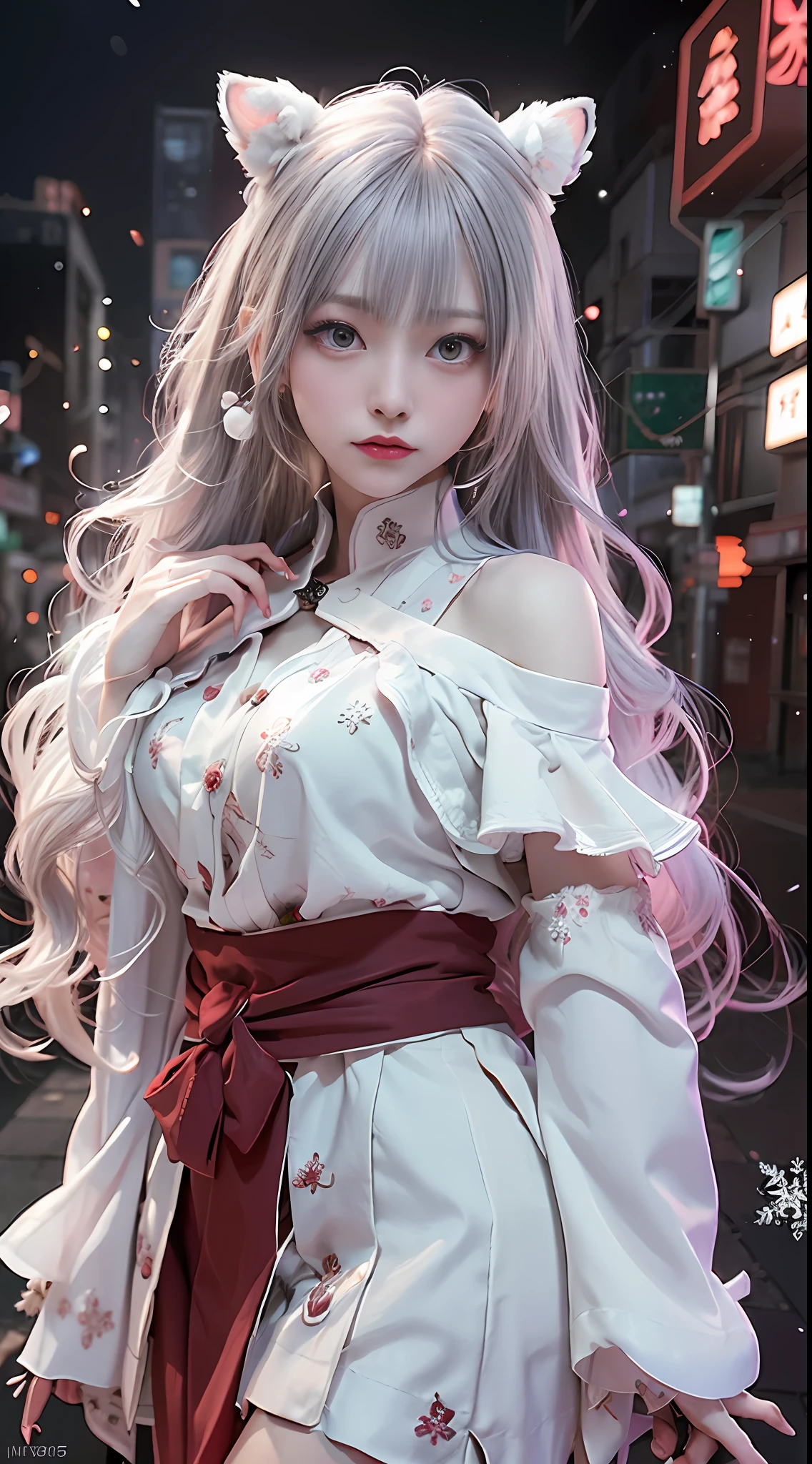 ((best qualtiy)), ((tmasterpiece)), (detail:1.4), Cute cyberpunk Japan woman image,sixteen years old,(Photograph the whole body),nffsw(HighDynamicRange),Ray traching,NVIDIA RTX,Hyper-Resolution,illusory 5,Sub-surface scattering,PBR Textures,post processed,Anisotropy Filtering,depth of fields,maximum definition and sharpness,multi-layer texture,Albedo e mapas Speculares,Surface Coloring,Mitsu-Accurate simulation of material interactions,Perfectly proportioned,rendering by octane,Two-colored light,Large aperture,Low ISO,White Balance,Rule three points、8K raw data、Beautiful bright red pupils,Cyberpunk Priestess Uniform,Off-the-shoulder clothing,Crimson Hakama,Light blonde hair with emerald green gradient,Delicate face and eyes,with round face, drooing eyes, long eyelasher,Blushlush,Delicate and fluffy hair,lip,pure,Cute face,Sweet girl,Artistic sense,Casual wear,Advanced Sense,Snowflake,flower petals,Snowflake, Briar snow background, Beautiful Hair Accessories,long hair and waist,Hair fluttering in the wind,Snow White cat ears, Curly