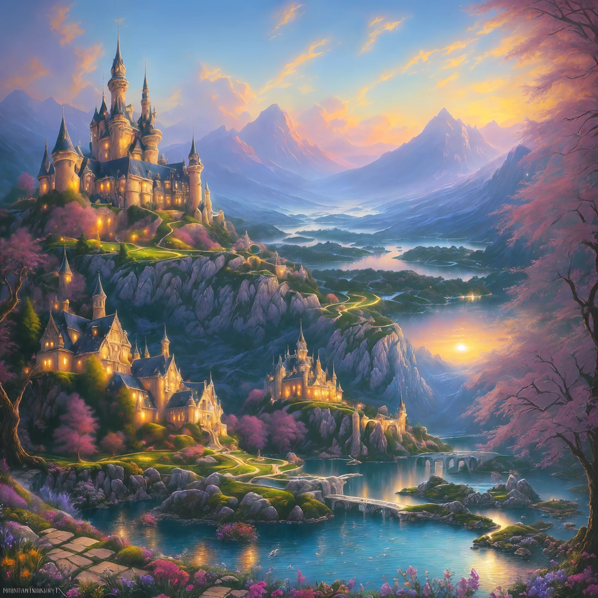 pintura de um castelo em uma paisagem de montanha com um lago, whimsical fantasy landscape art, magical landscape, pintura de paisagem de fantasia, scenery art detailed, scenery artwork, paisagem de arte de fantasia, dream scenery art, fantasy scenic, tomas kinkade, Kilian Eng e Thomas Kinkade, detailed scenery—width 672, paisagem de fantasia, Detailed dreamscape, fantasy painterly style