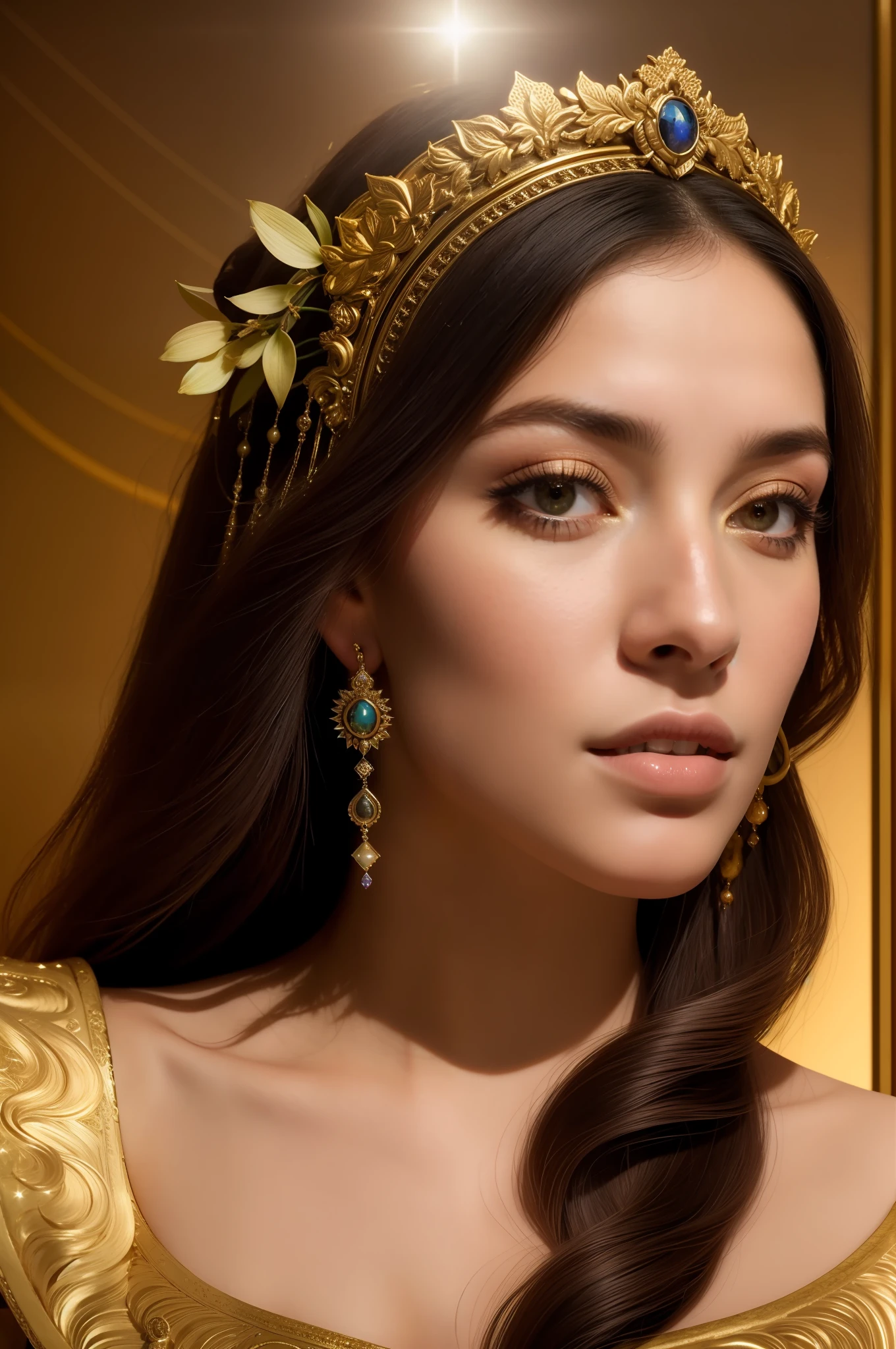 um close up de uma mulher com um cocar e joias, retrato close-up da deusa, Retrato de uma bela deusa, Um retrato impressionante de uma deusa, deusa. Detalhes extremamente altos, Retrato da Deusa, retrato bonito da arte da fantasia, portrait of a cosmic goddess, Deusa Celestial, Retrato da deusa 3D, retrato da arte da fantasia, retrato bonito da fantasia, goddess of space and time