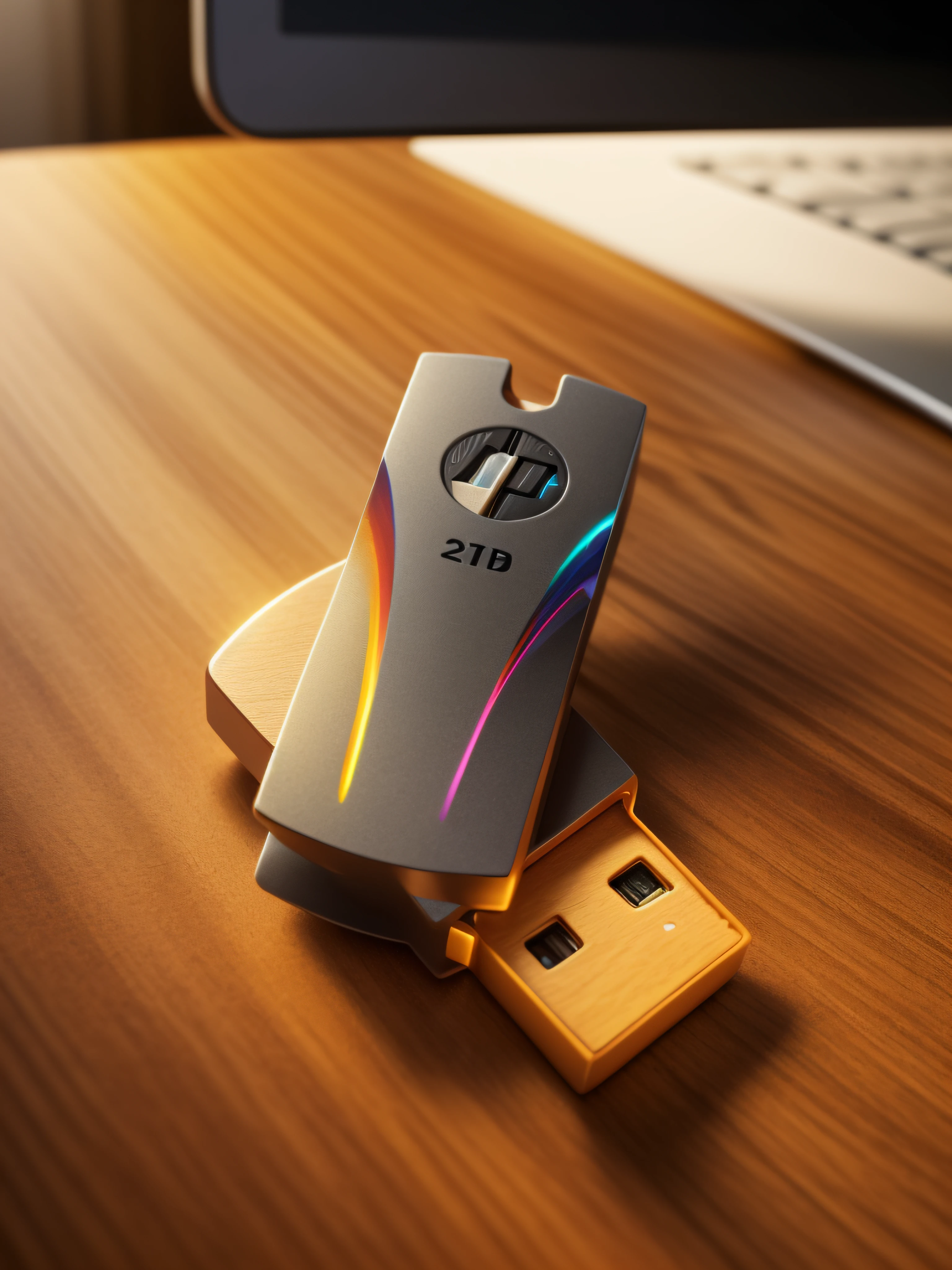 A USB stick rests on the smooth-textured wooden office desk in a computer room. The picture is clear (Sharp: 0.7) and displays a colorful explosion of psychedelic paints (cores: 1.21), With incredible detail. Na mesa, Accessories include the Nikon D850 with Kodak Portra 400 photo film and f1 lenses.6, garantindo cores ricas e textura realista. Lighting is dramatic, and all around are the computer, enquanto, teclado e cabo USB.
