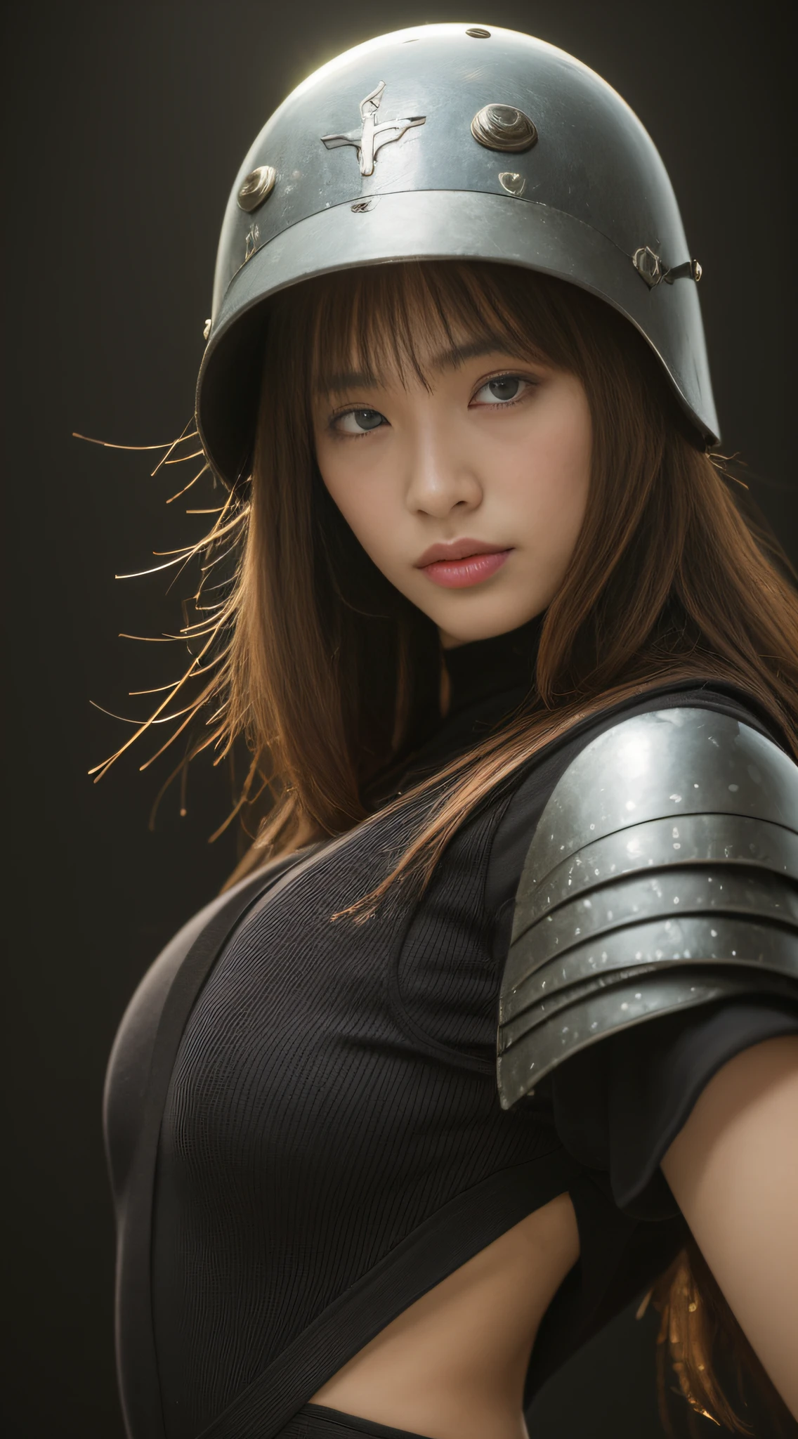 (8K High Quality Masterpiece、1 sexy woman G cup:1.3、Black perspective:1.1、hyperdetailed face、二重まぶた、Transparent underwear、Stroking chest、Open legs)、jpn、Military general、Oda Nobunaga、Wearing a helmet、Cosplay、highleg、samurais、armor、s Armor、knifes、Japan helmet、