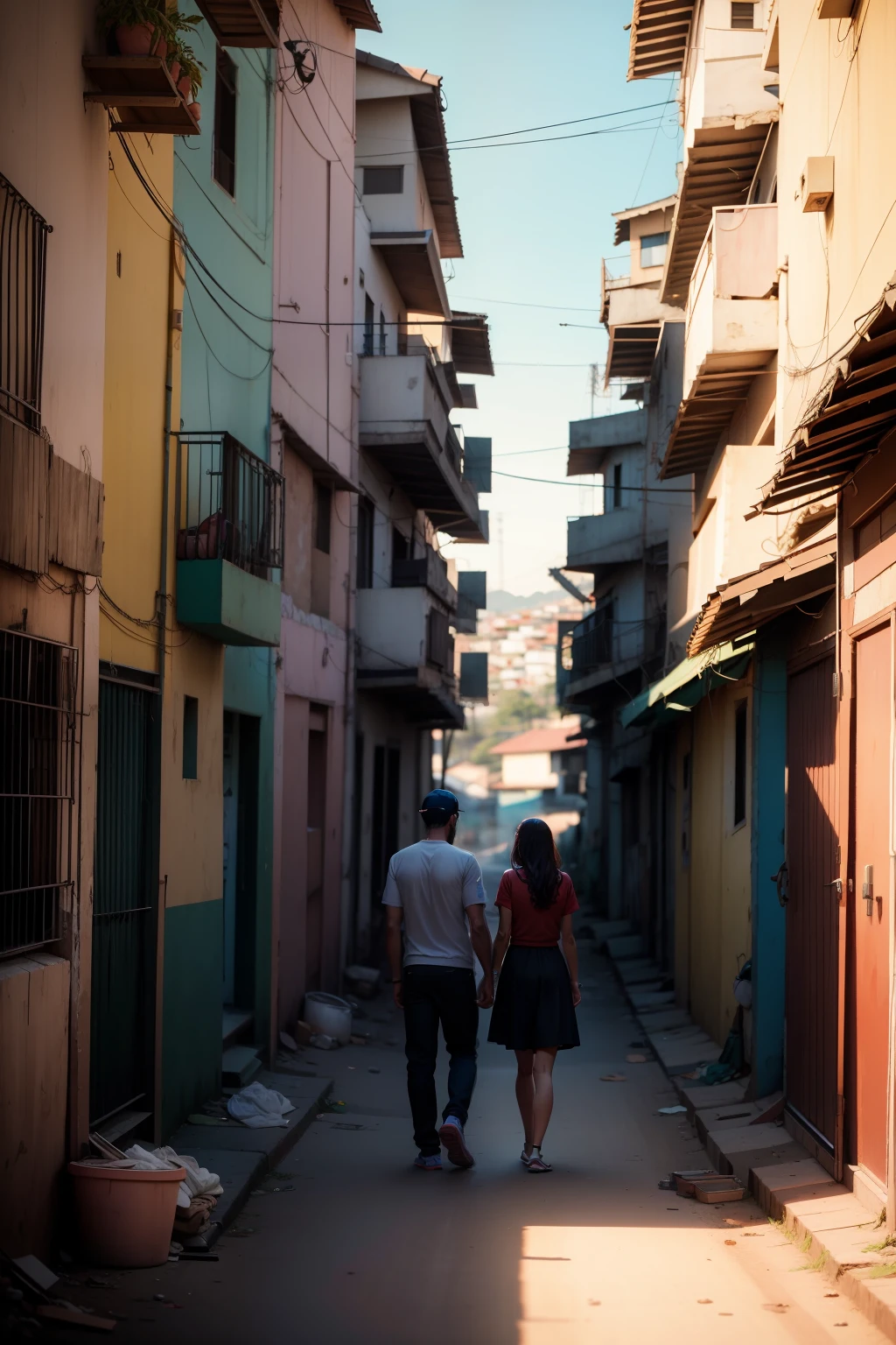 creates an image of a couple in the favela, hd, 7k, realistic