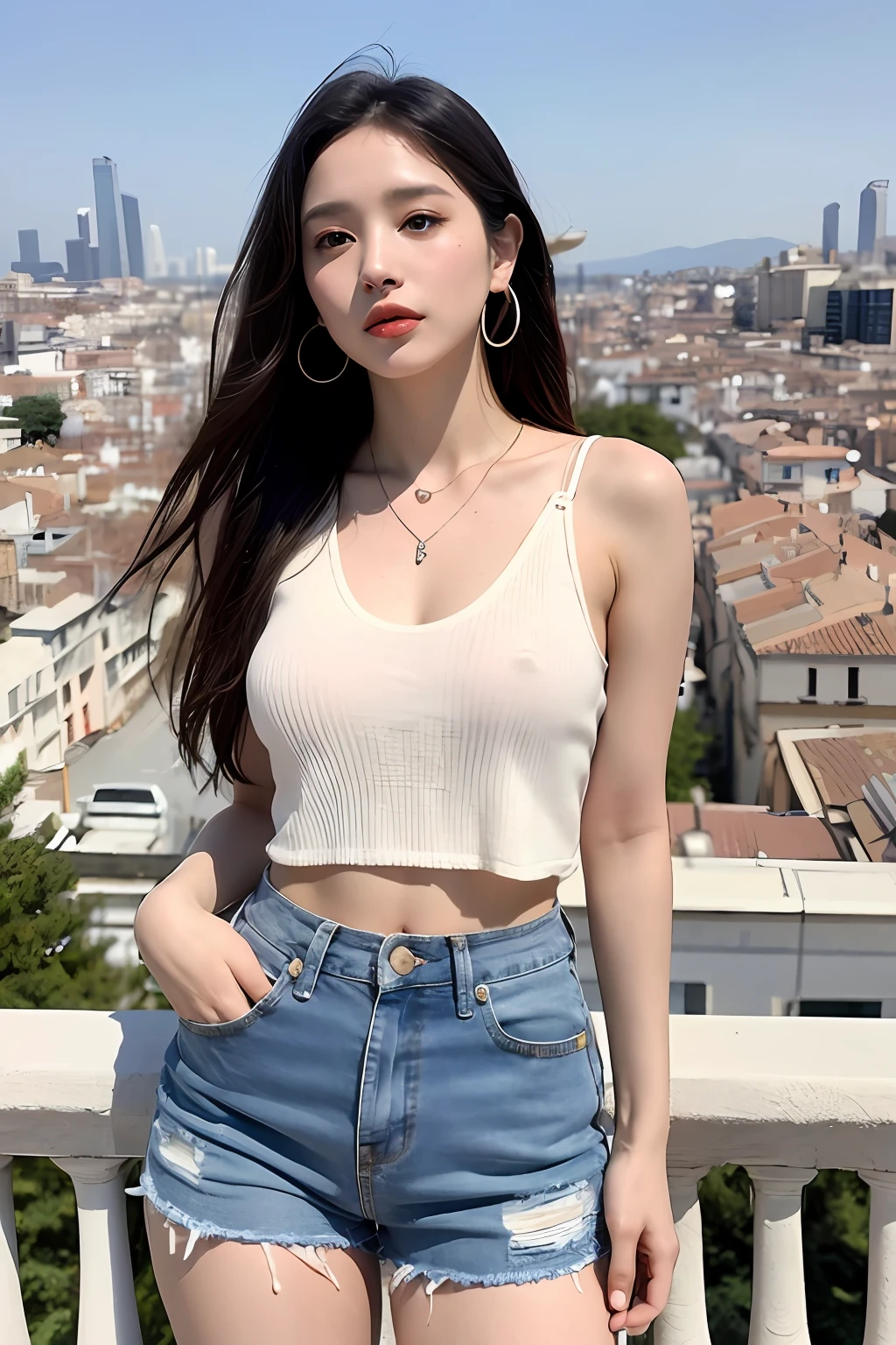 (extra detailed body、extra detailed face、best qualtiy:1.2)、femele、looking at the viewers、(White see-through tops、piercings、a necklace、Shorts jeans)、(Spanish cityscape in the background:1.4)