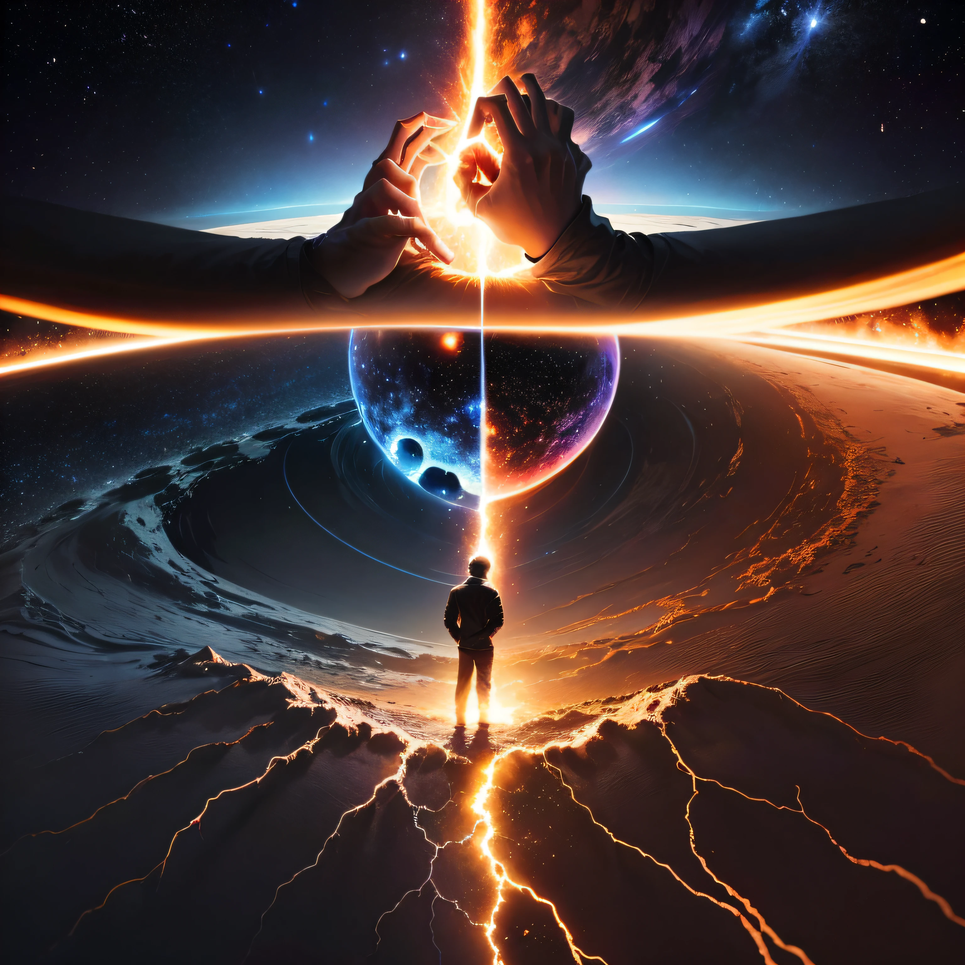 A POWERFUL BEING standing above the UNIVERSE , THE CREATION OF A BLACK HOLE WITH THE POWER HOLDING HANDS LOOKING AT ITS CREATION , Tecnologia , EXTRAORDINARY HIGH Technology