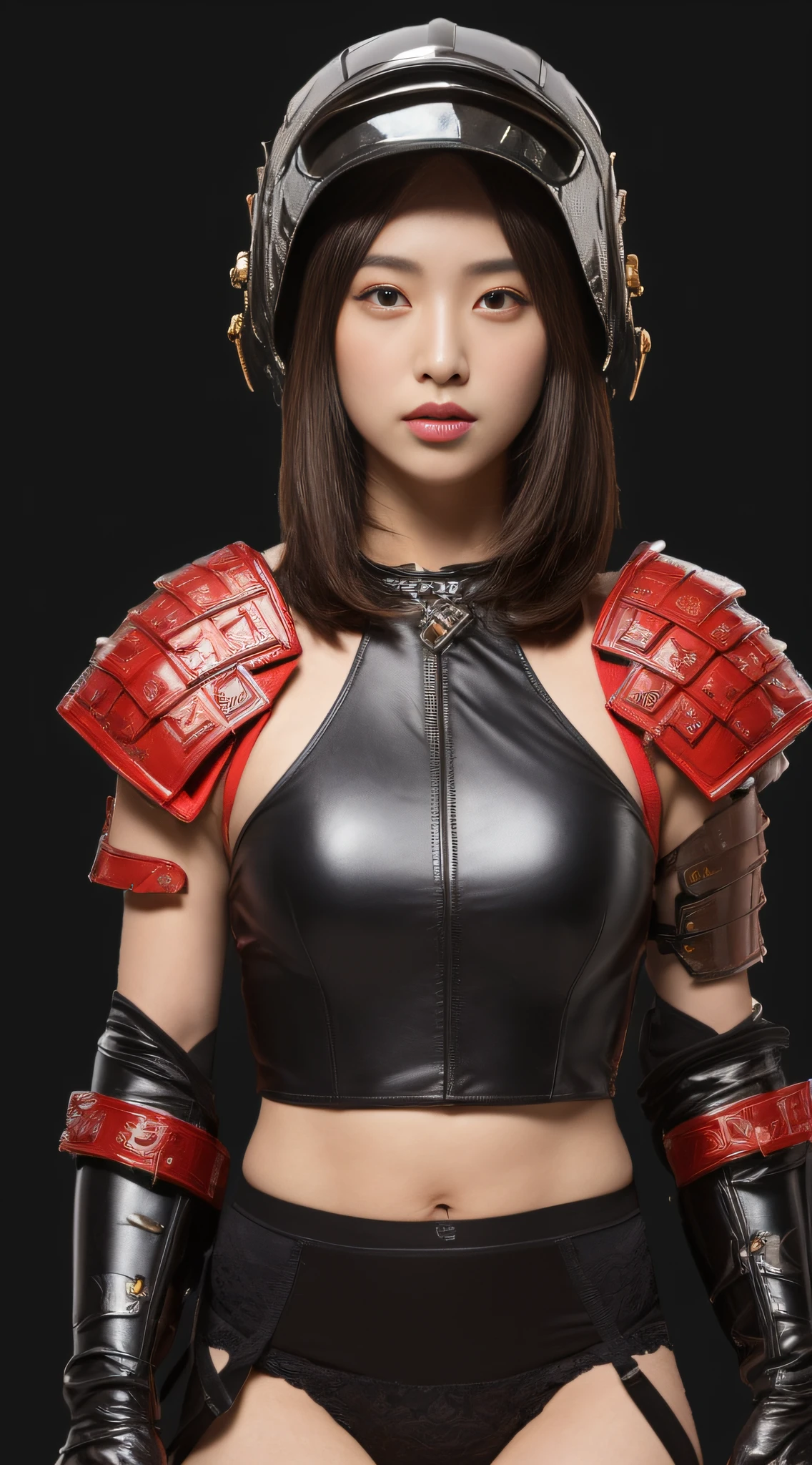 (8k high quality masterpiece, sexy female G cup 1 person: 1.3, black perspective: 1.1, super detailed face, double eyelids, transparent underwear, stroking chest, open legs), wearing helmet, cosplay, high leg, samurai, armor, armor, sword, Japan helmet,