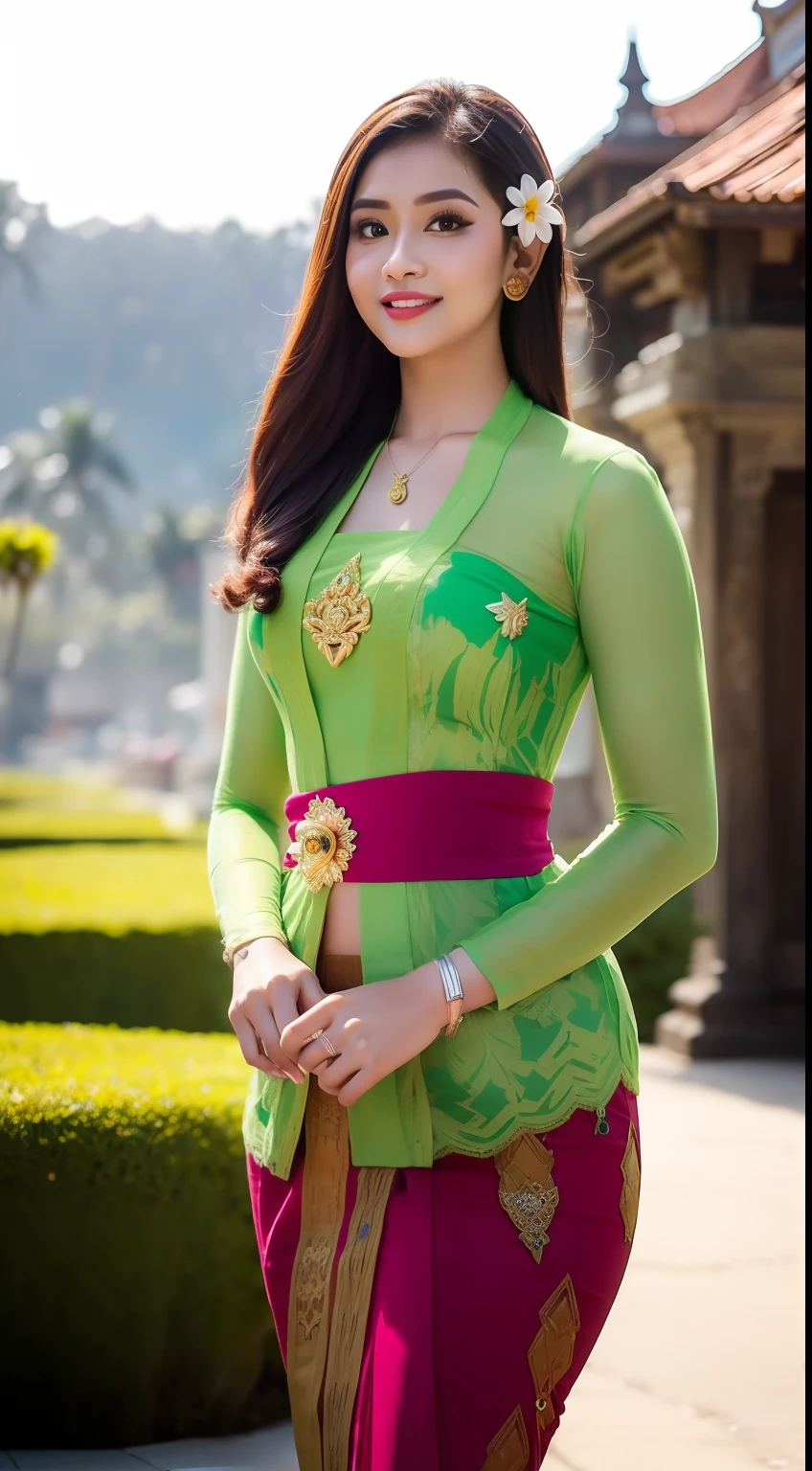8k portrait of beautiful cyborg with brown hair, point with finger, ((beach temple background)), photography, portrait of gadis_jelita wearing kebaya_bali in green_kebaya_bali, red lipstick, detail, flowers, blurry background, soft focus, (masterpiece, sidelighting, finely detailed beautiful eyes: 1.2), hdr