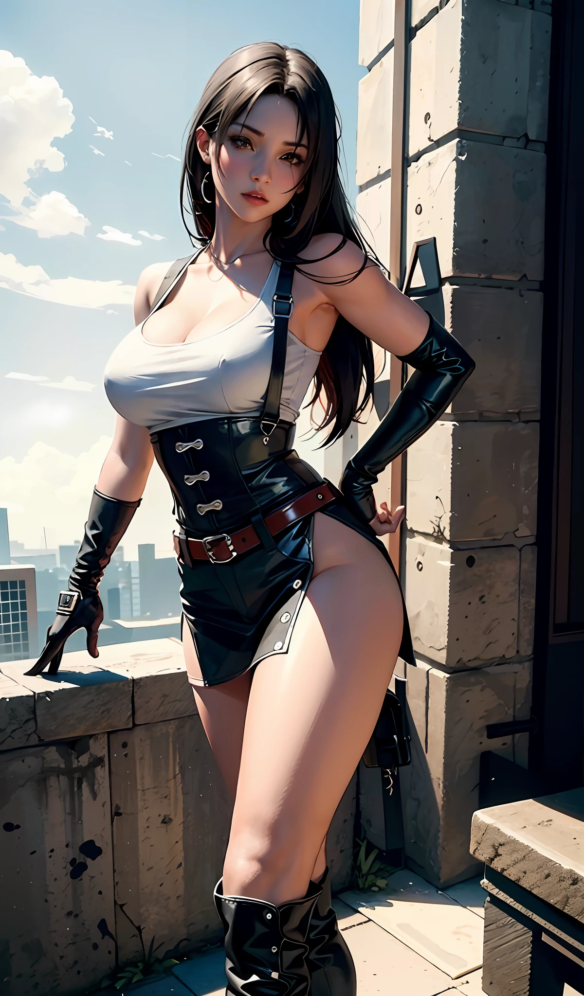 arafed woman in a white tank top and black miniskirt, red boots, suspenders, stockings, red gloves, posing, extremely detailed artgerm, ig model | artgerm, seductive tifa lockhart portrait, 2.5d cgi anime fantasy artwork, wlop and artgerm, artstation masterpiece, cushart krenz key art feminine, style ivan talavera and artgerm, tifa lockhart, huge breasts