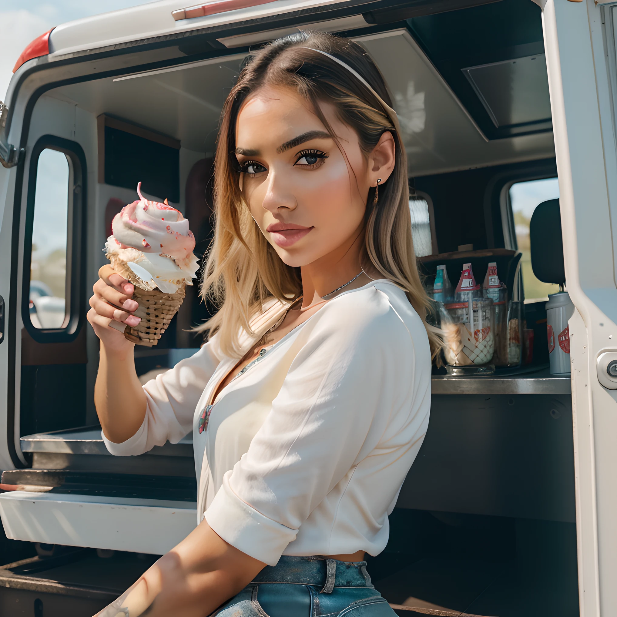 a pretty ice cream woman serving ice cream in a truck, instagram influencer, hot on CANON R5, 85mm lens, photo shoot, depth of field, incredibly detailed intricate, hyper maximalist, elegant, hyper realistic, super detailed, dynamic pose, centered, photography, natural light, dynamic, highly detailed, sharp focus