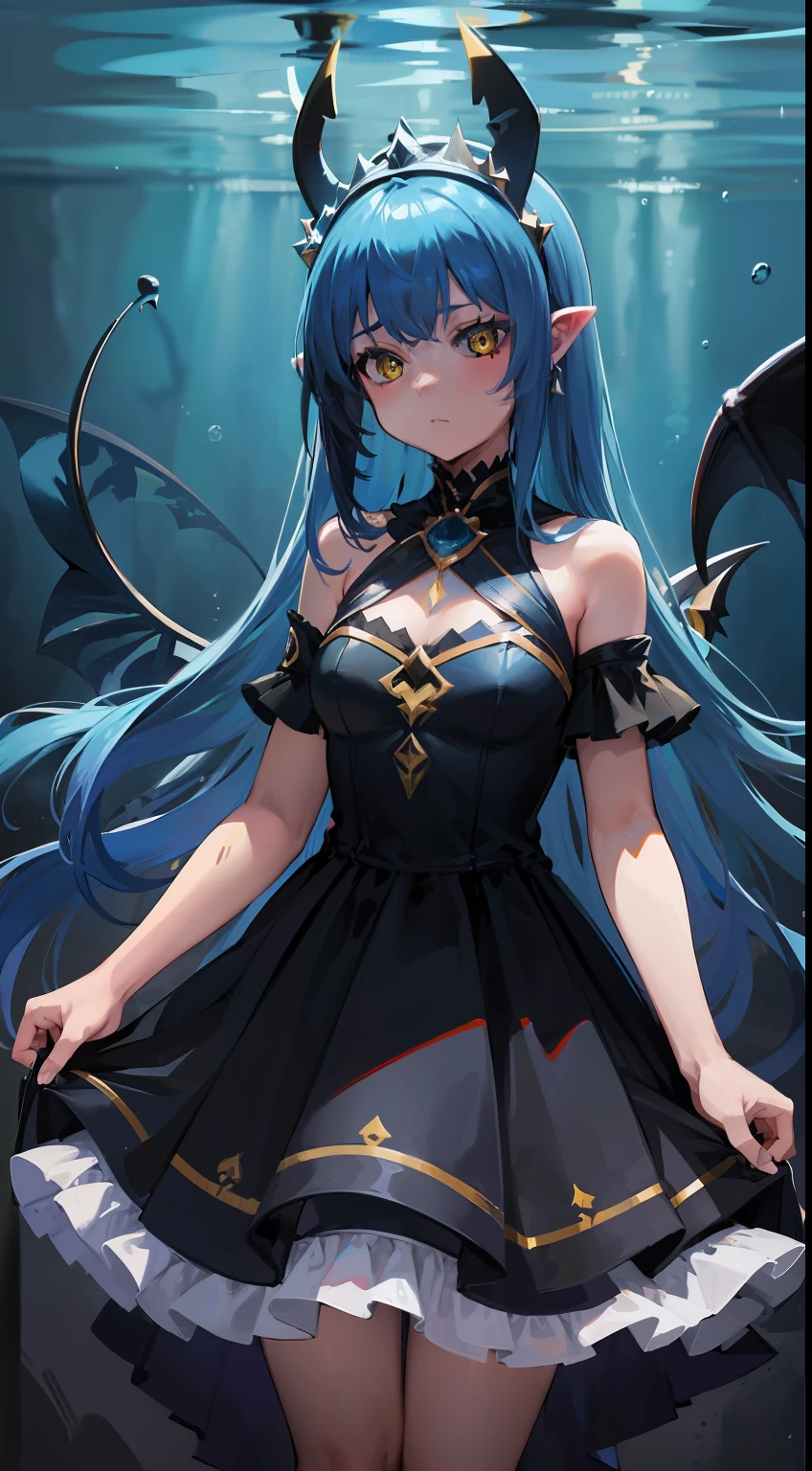 (underwater image) (masterpiece,best quality,ultra detailed) 、1girl、lghit blue hair、long hair、yellow eyes、black dress、devil ears、black tiara、have a Trident lance