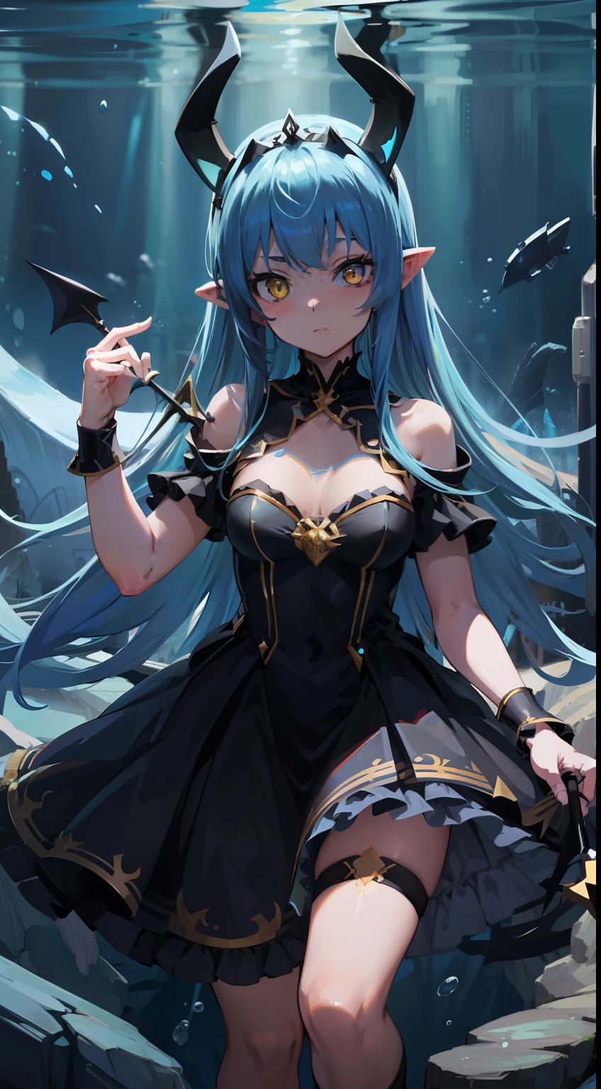 (underwater image) (masterpiece,best quality,ultra detailed) 、1girl、lghit blue hair、long hair、yellow eyes、black dress、devil ears、black tiara、have a Trident lance
