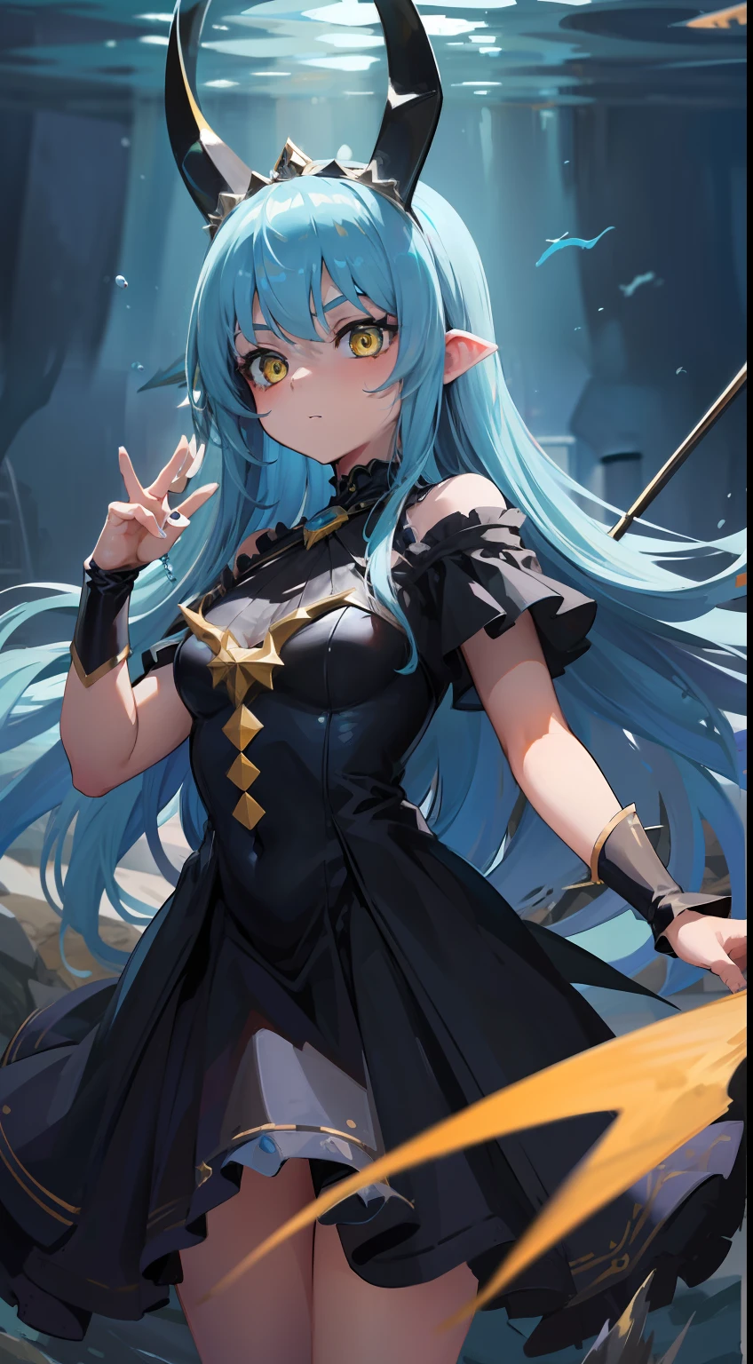 (underwater image) (masterpiece,best quality,ultra detailed) 、1girl、lghit blue hair、long hair、yellow eyes、black dress、devil ears、black tiara、have a Trident lance