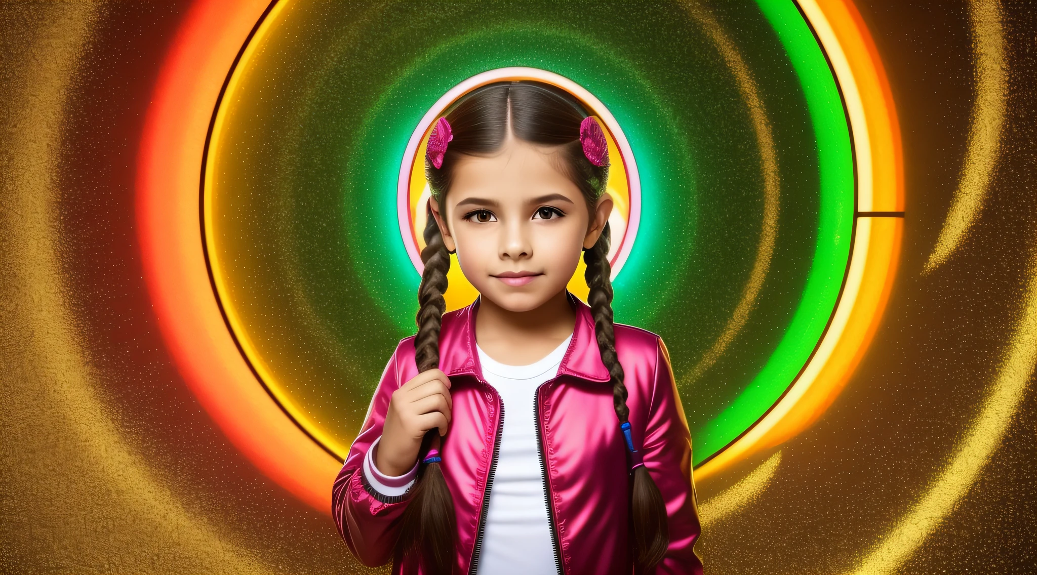 Girl child , Russian ruivas in braids, com roupa de jaqueta de couro vermelha, Estilo retrato, fundo preto e vermelho, uma bola de disco prateada com um reflexo de espelho sobre ela, bola de discoteca, bola de discoteca no fundo, prata brilhante.