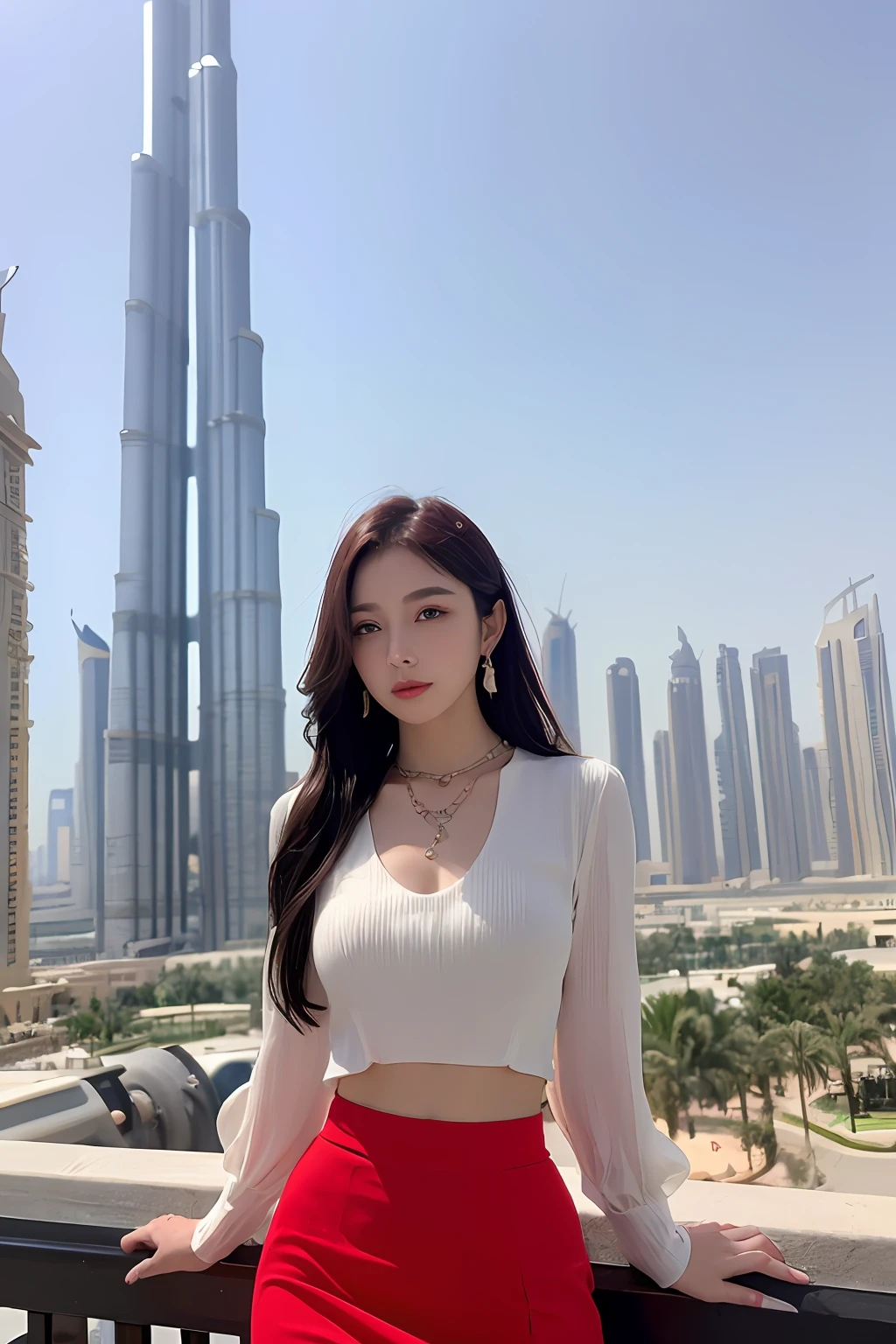 (extra detailed body、extra detailed face、best qualtiy:1.2)、femele、looking at the viewers、(Red skirt with a deep slit at the side、shirt、Split abs、Gorgeous Necklaces、piercings)、(City of Dubai in the background:1.4)