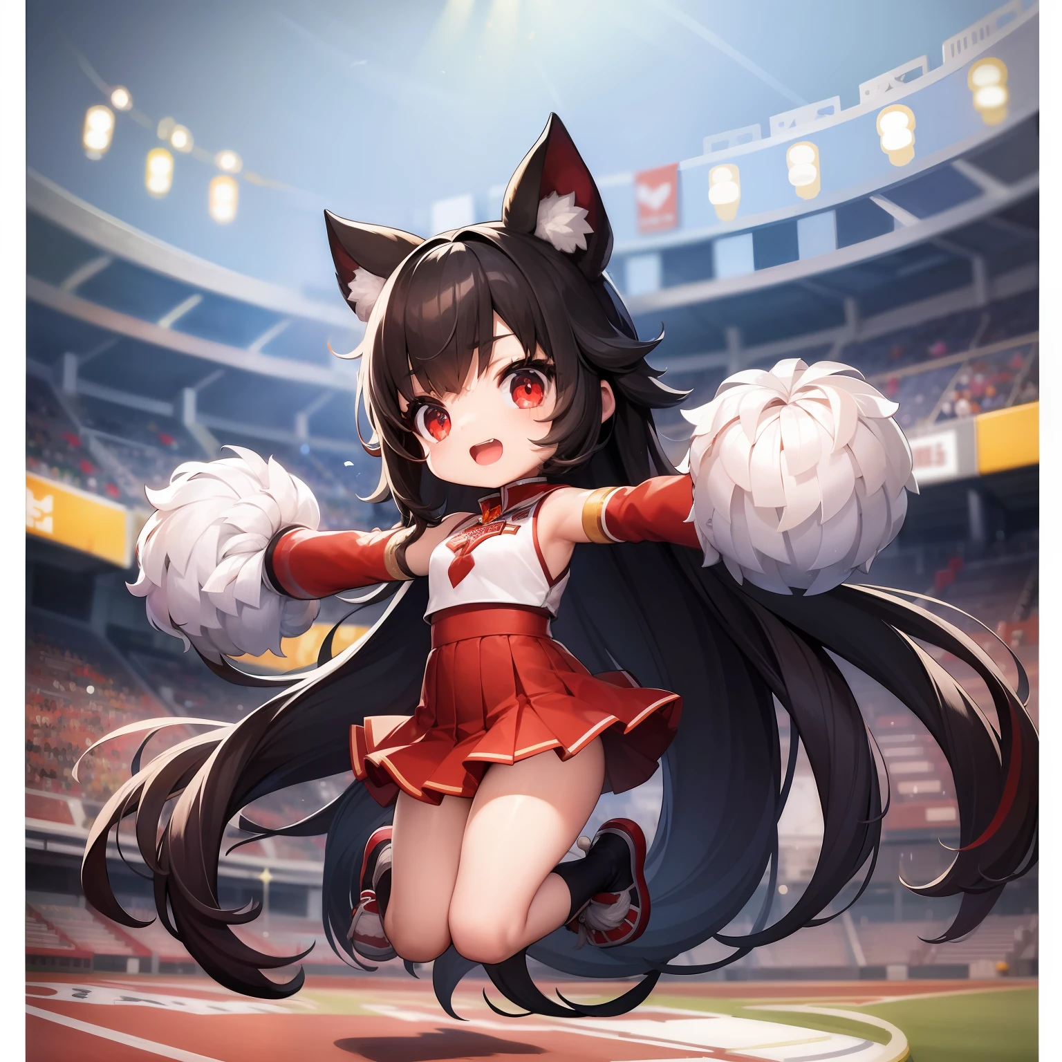 ((masterpiece、top-quality))、(Complex lighting)、Stadium、独奏、full body Esbian、1girl in、red eyes、Long Black Hair、cheer girl、Pom-poms in both hands、jumpping、Chibi、
