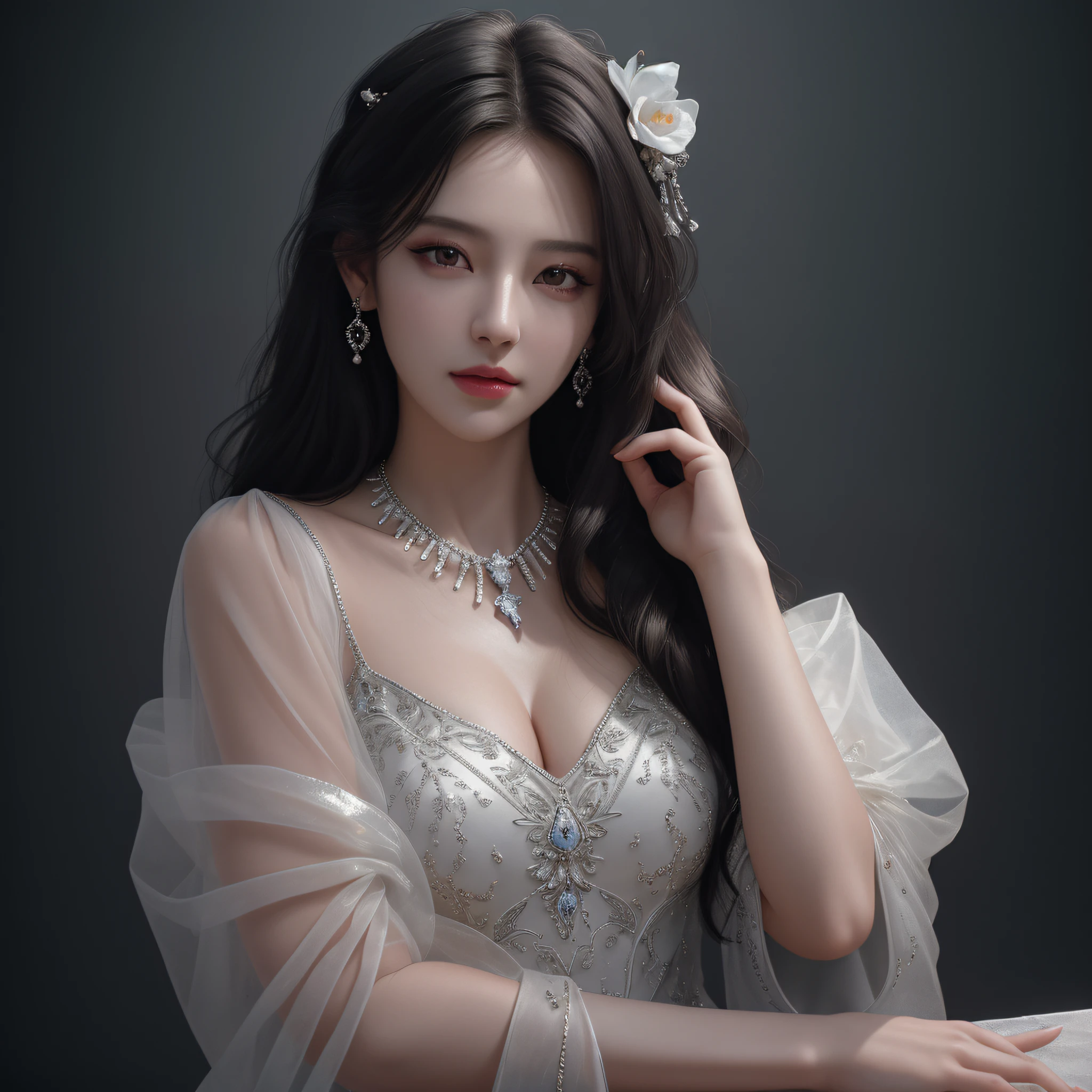 best quality, masterpiece, high resolution, 1girl,porcelain dress,hair ornament,necklace,jewelry,beautiful face,on top of body,tyndall effect,photorealistic,dark studio,rim lighting,two-tone lighting,(highly detailed skin:1.2),8k uhd, dslr, soft lighting, high quality, volumetric lighting, sincere, Photography, high resolution, 4k, 8k, Bokeh,